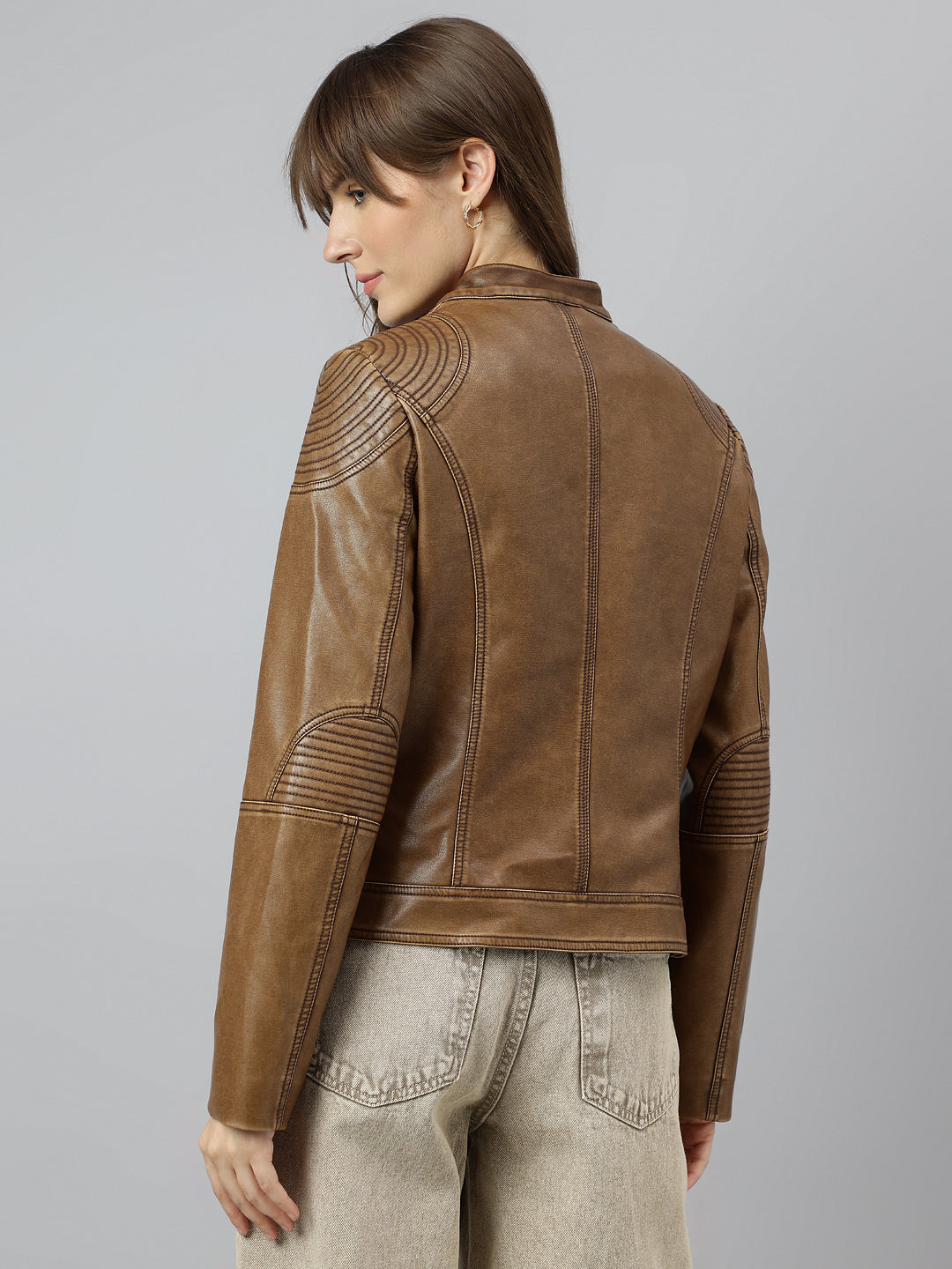 Cozy Brown Full Sleeve Round Neck Solid Casual Jacket For Effortless Warmth