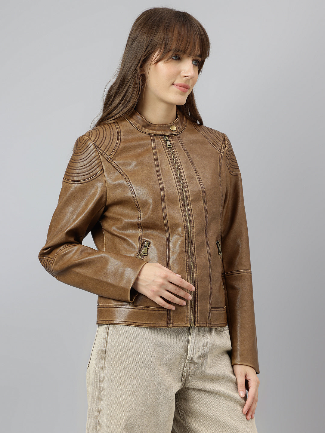 Cozy Brown Full Sleeve Round Neck Solid Casual Jacket For Effortless Warmth