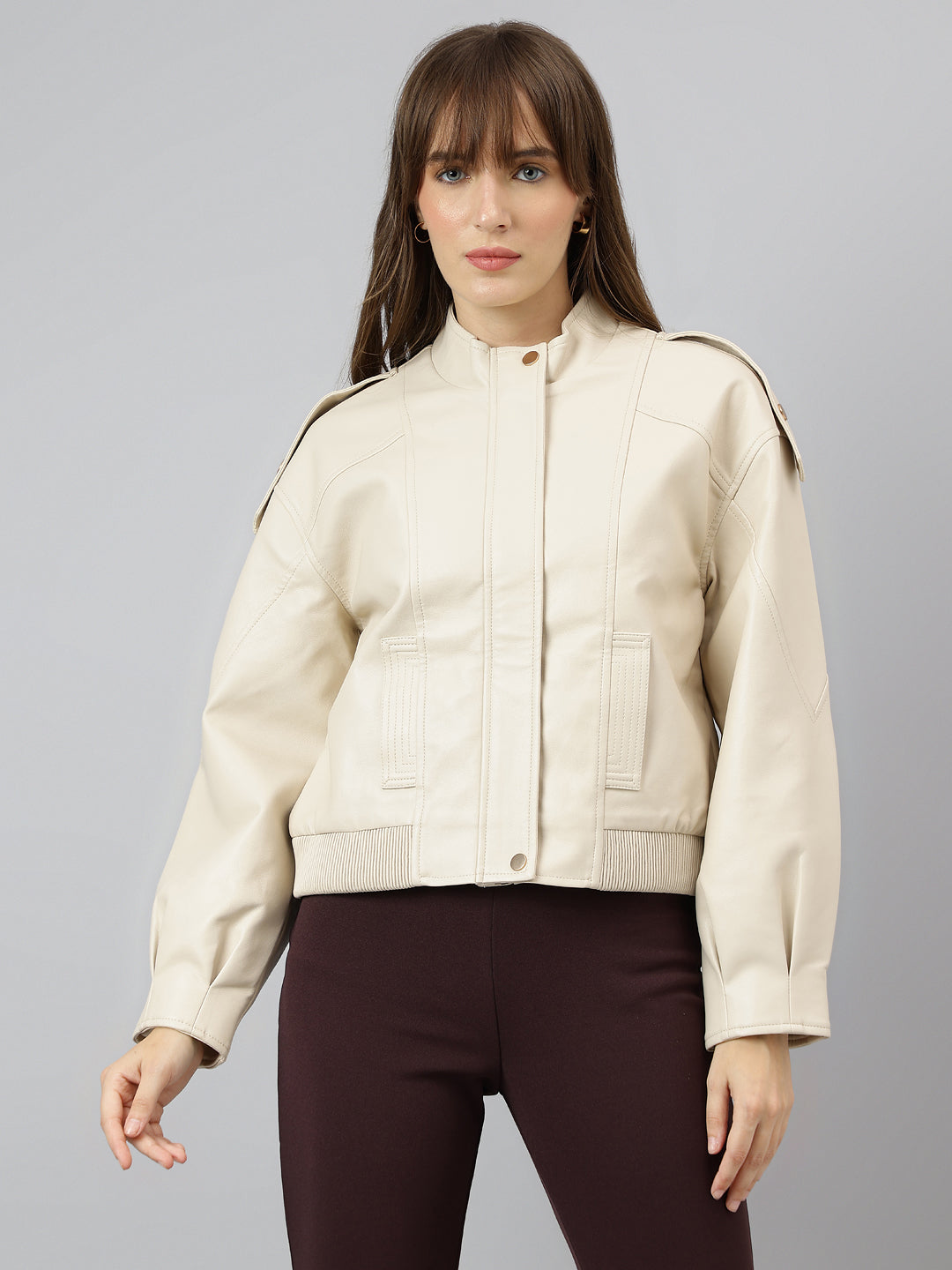 Beige Full Sleeve Round Neck Solid Casual Jacket
