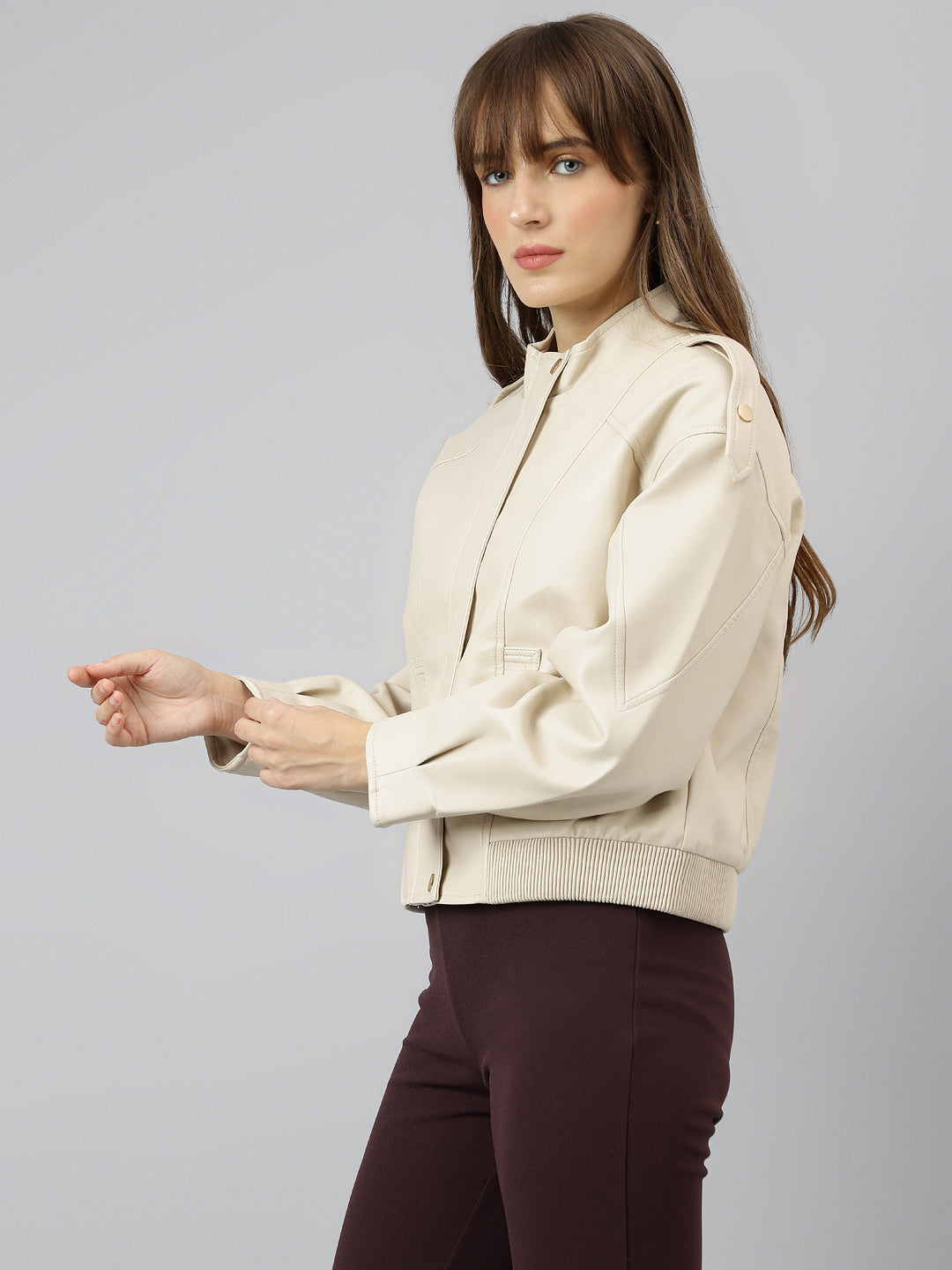 Beige Full Sleeve Round Neck Solid Casual Jacket
