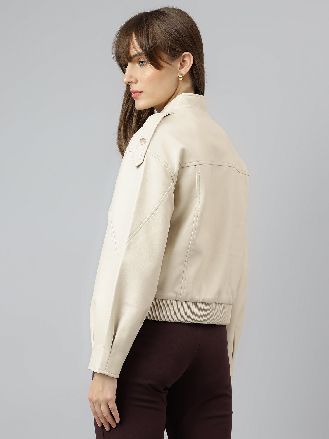 Beige Full Sleeve Round Neck Solid Casual Jacket