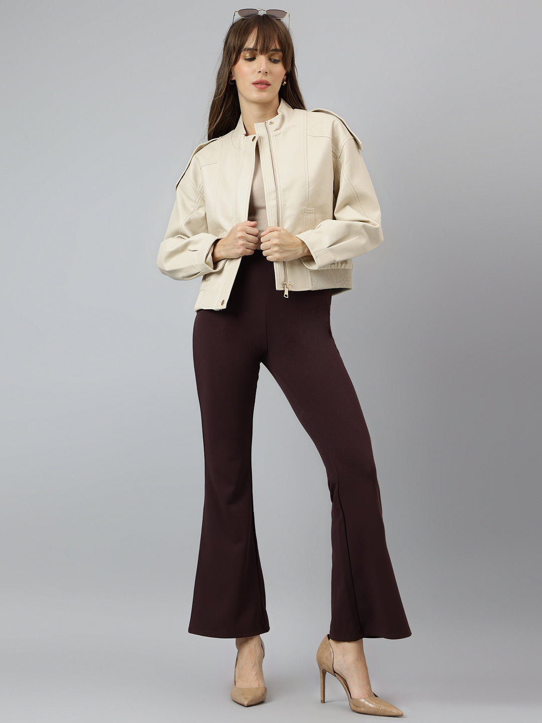 Beige Full Sleeve Round Neck Solid Casual Jacket