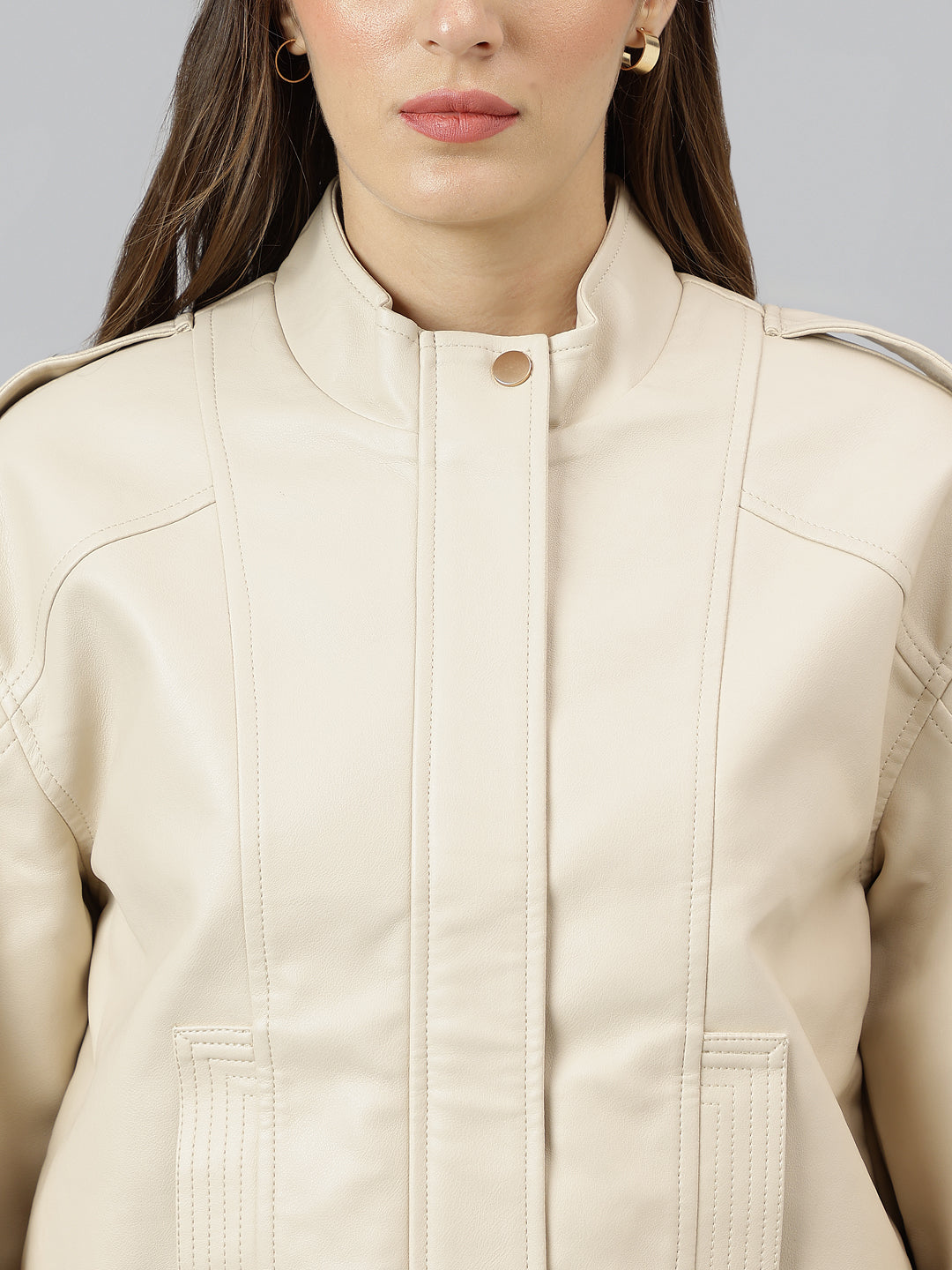 Beige Full Sleeve Round Neck Solid Casual Jacket
