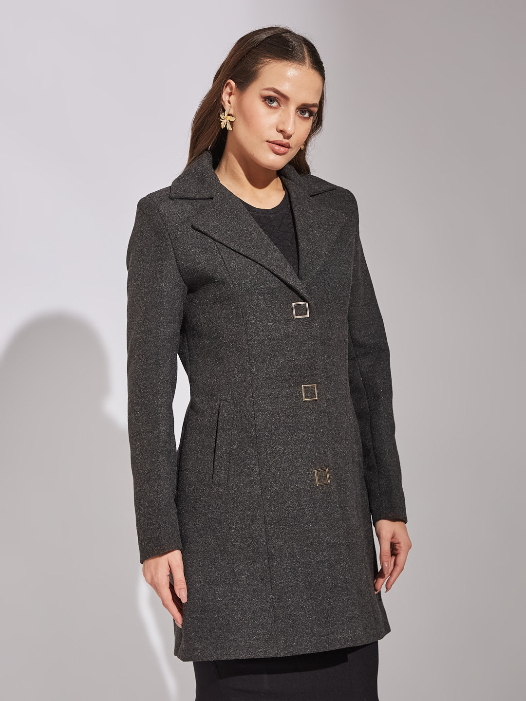 Latin Quarters Women Black Collar Neck Full Sleeve Solid Coat