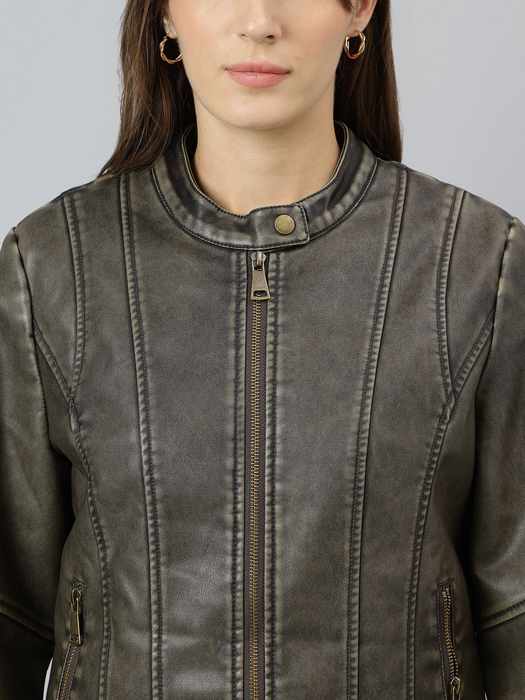 Green Full Sleeve Round Neck Solid Casual Jacket