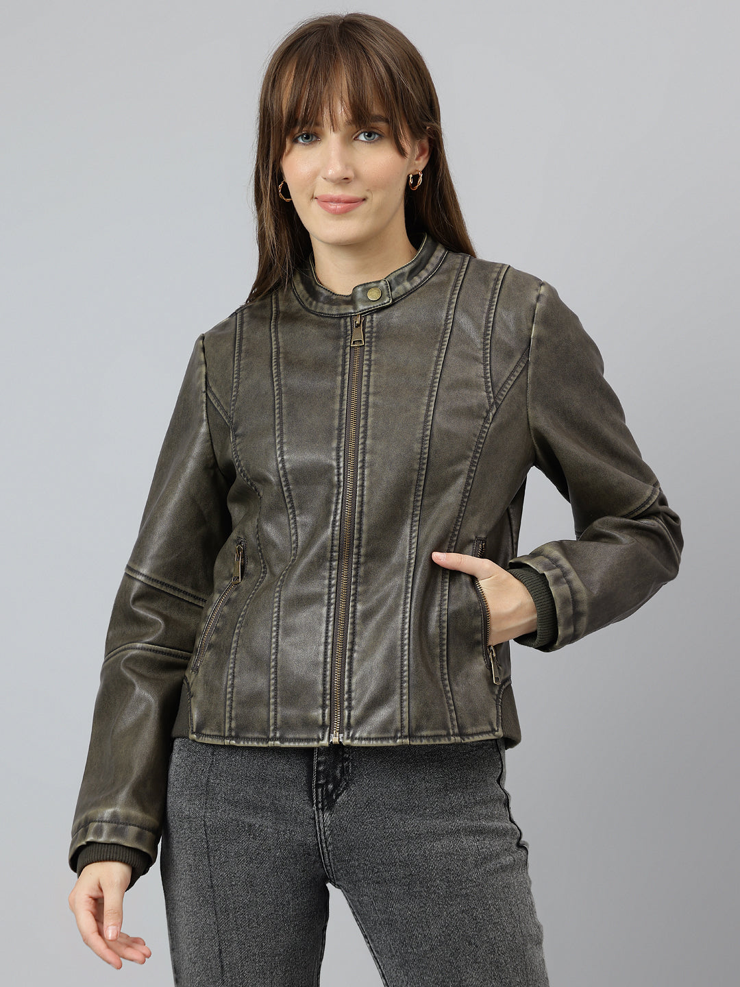 Green Full Sleeve Round Neck Solid Casual Jacket