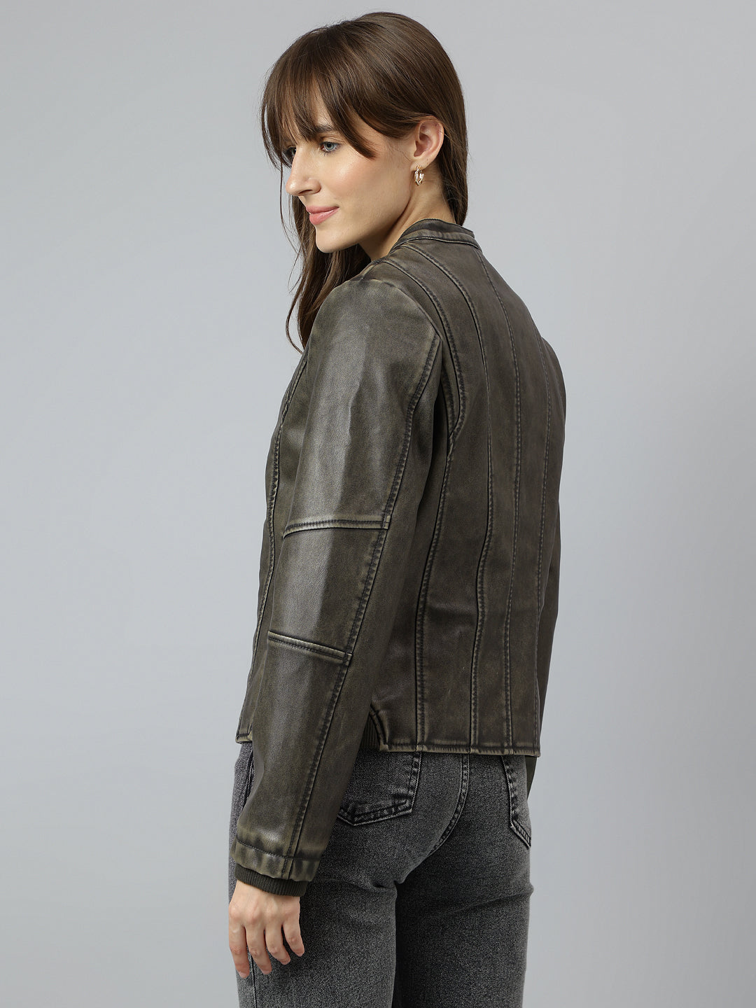 Green Full Sleeve Round Neck Solid Casual Jacket
