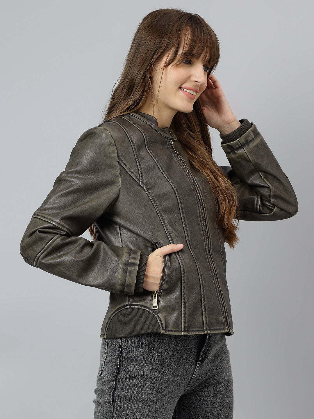 Green Full Sleeve Round Neck Solid Casual Jacket