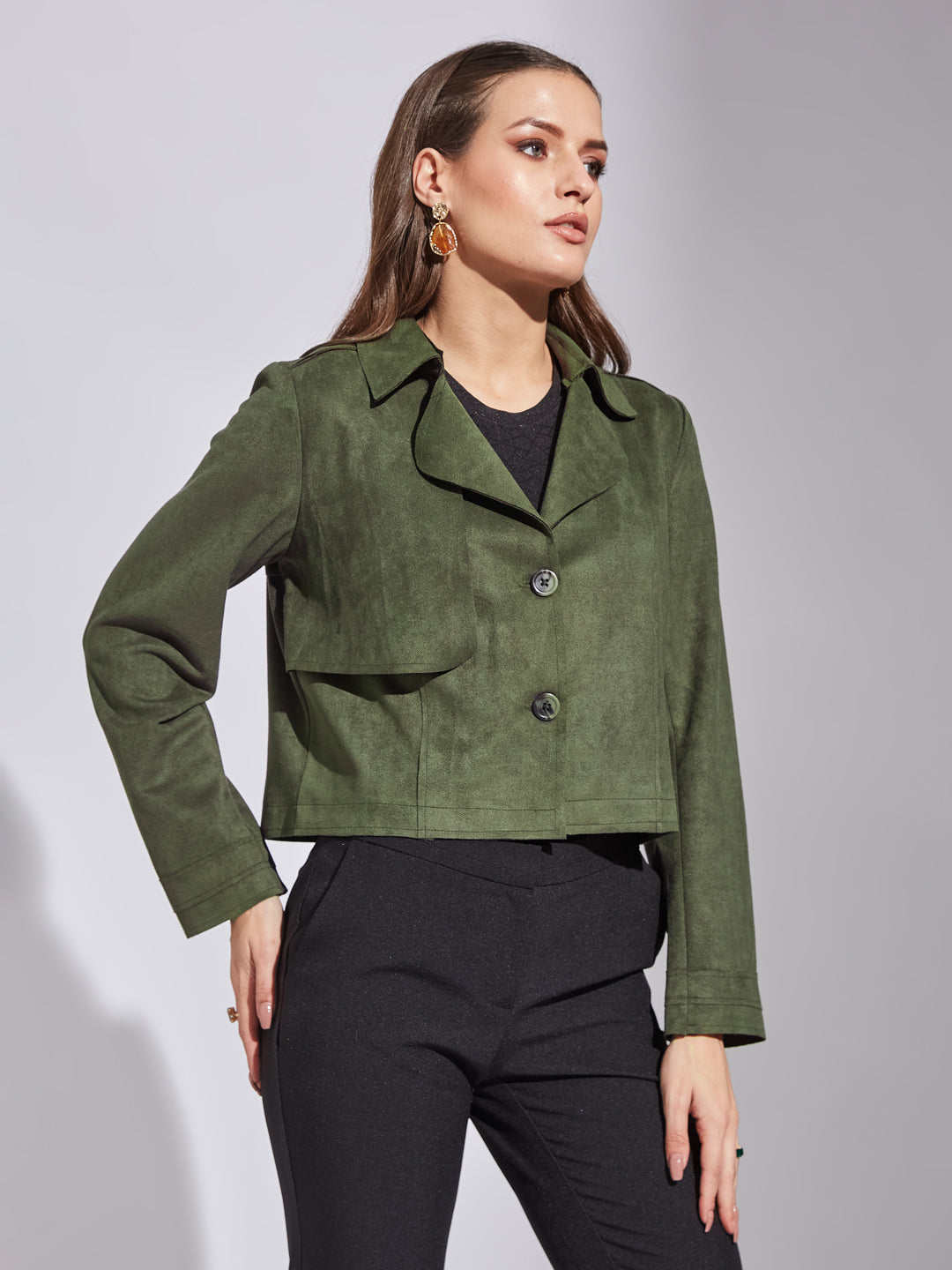 Latin Quarters Women Green Collar Neck Full Sleeve Solid Jacket For Casual Wear
