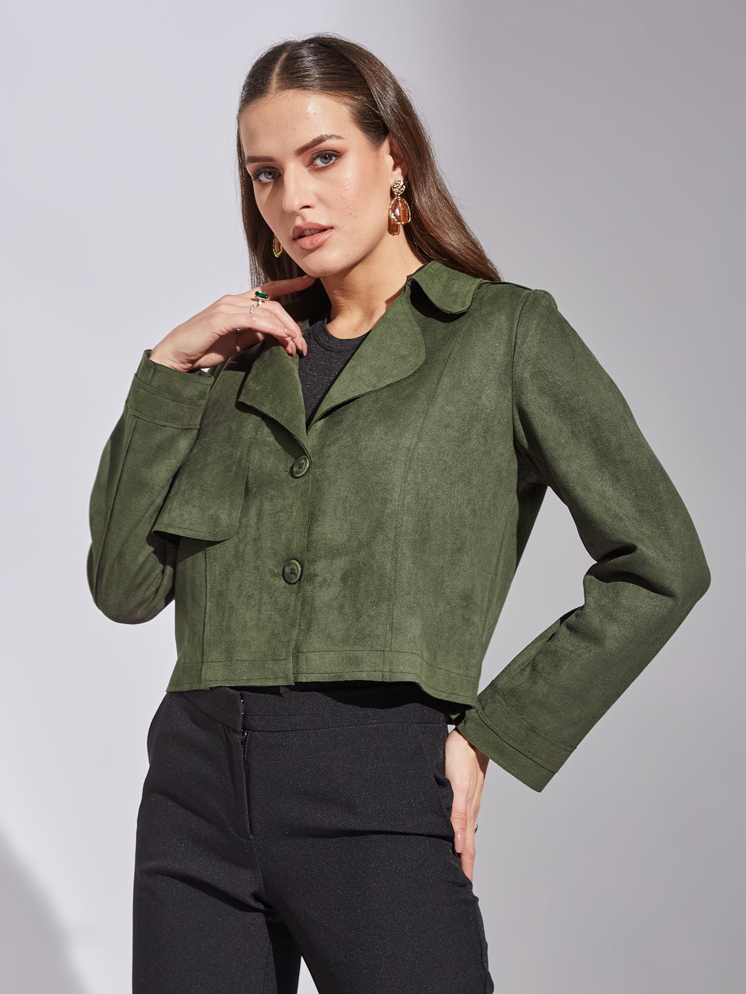 Latin Quarters Women Green Collar Neck Full Sleeve Solid Jacket For Casual Wear