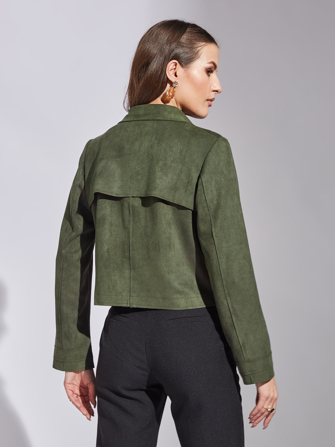 Latin Quarters Women Green Collar Neck Full Sleeve Solid Jacket For Casual Wear