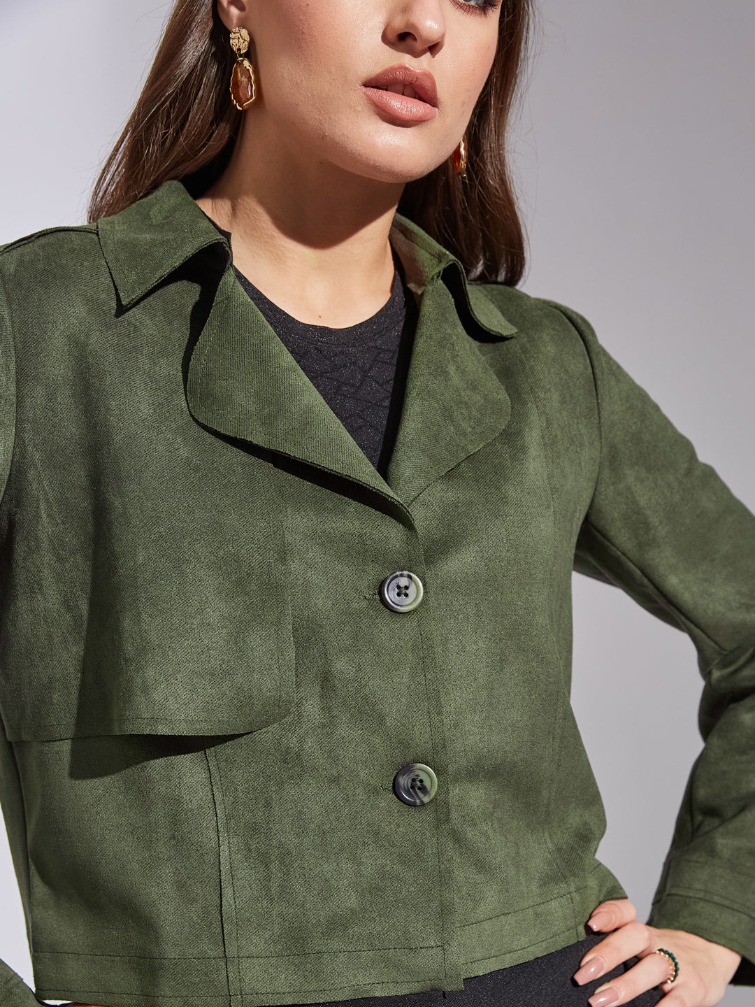 Latin Quarters Women Green Collar Neck Full Sleeve Solid Jacket For Casual Wear
