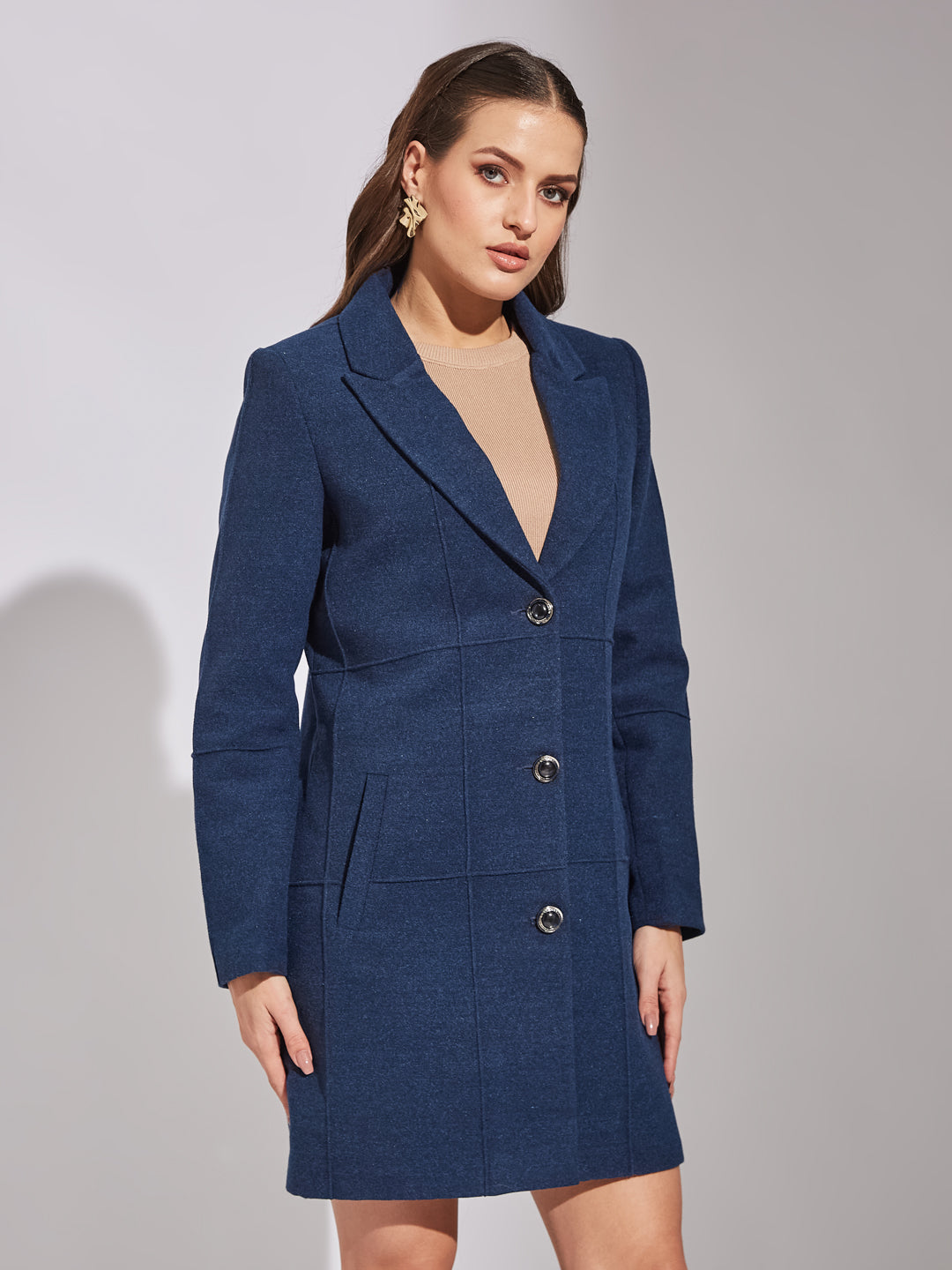 Latin Quarters Women Blue Collar Neck Full Sleeve Solid Coat