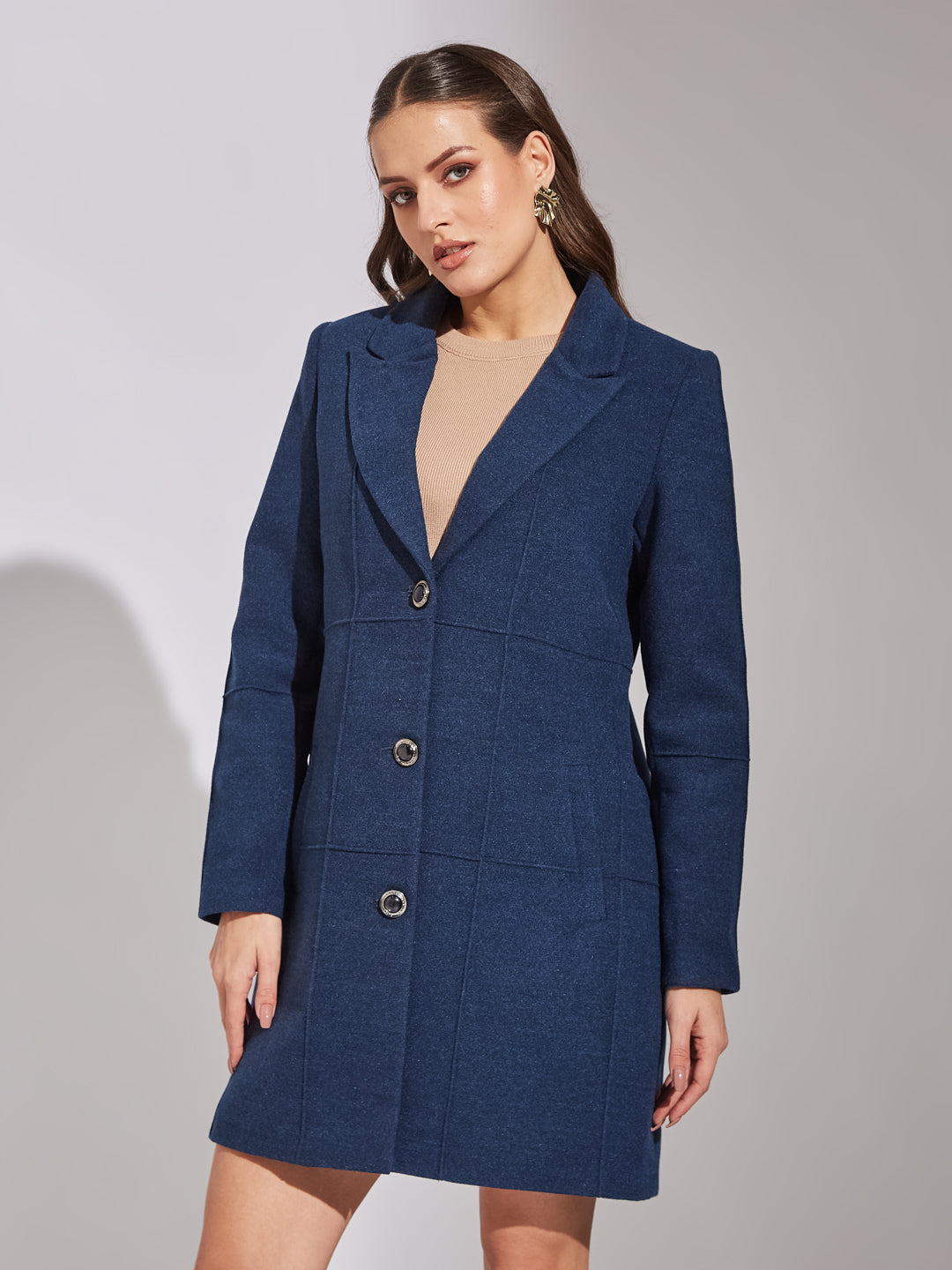 Latin Quarters Women Blue Collar Neck Full Sleeve Solid Coat