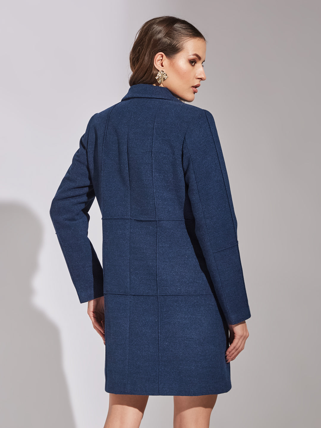 Latin Quarters Women Blue Collar Neck Full Sleeve Solid Coat