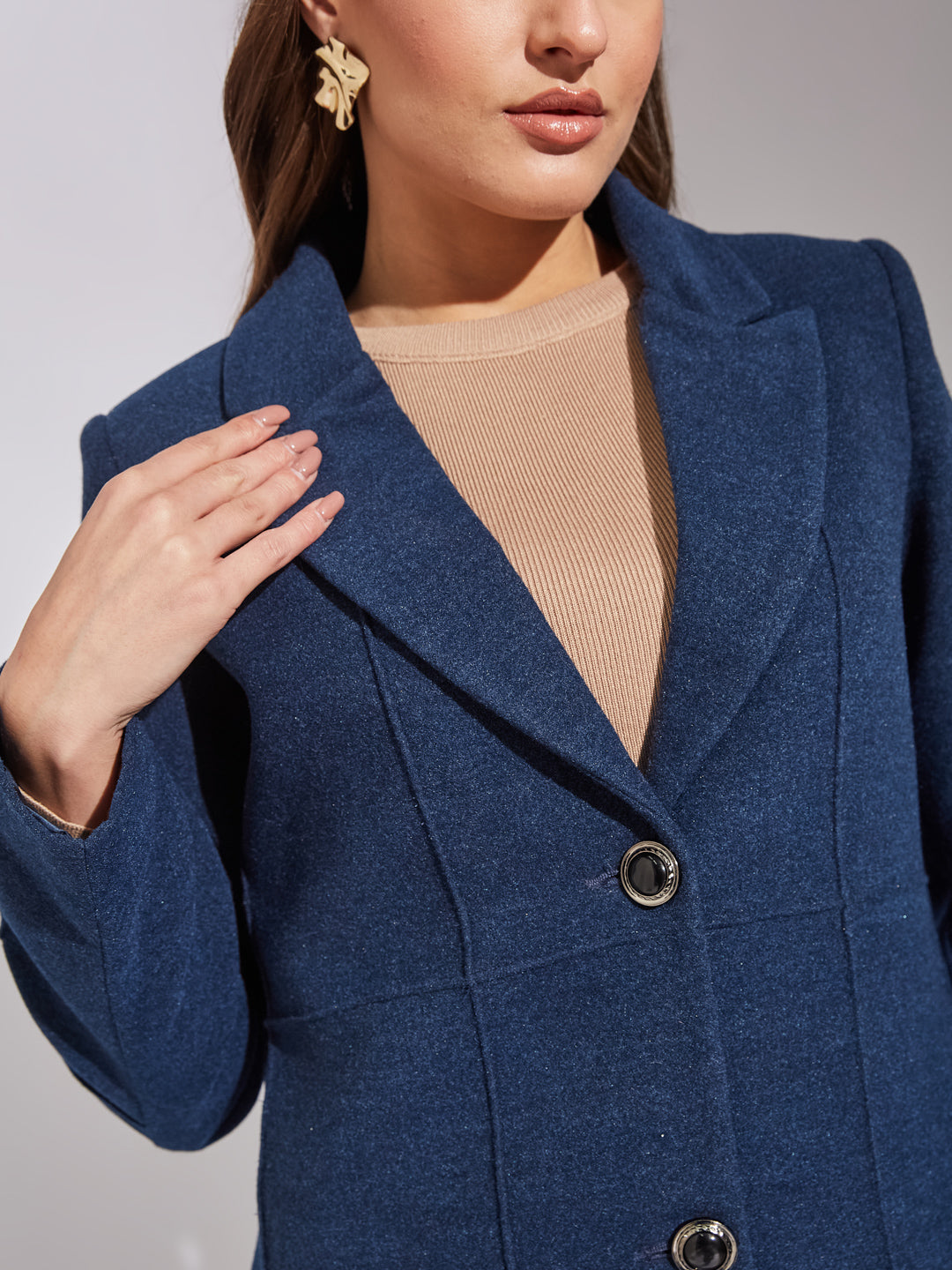 Latin Quarters Women Blue Collar Neck Full Sleeve Solid Coat