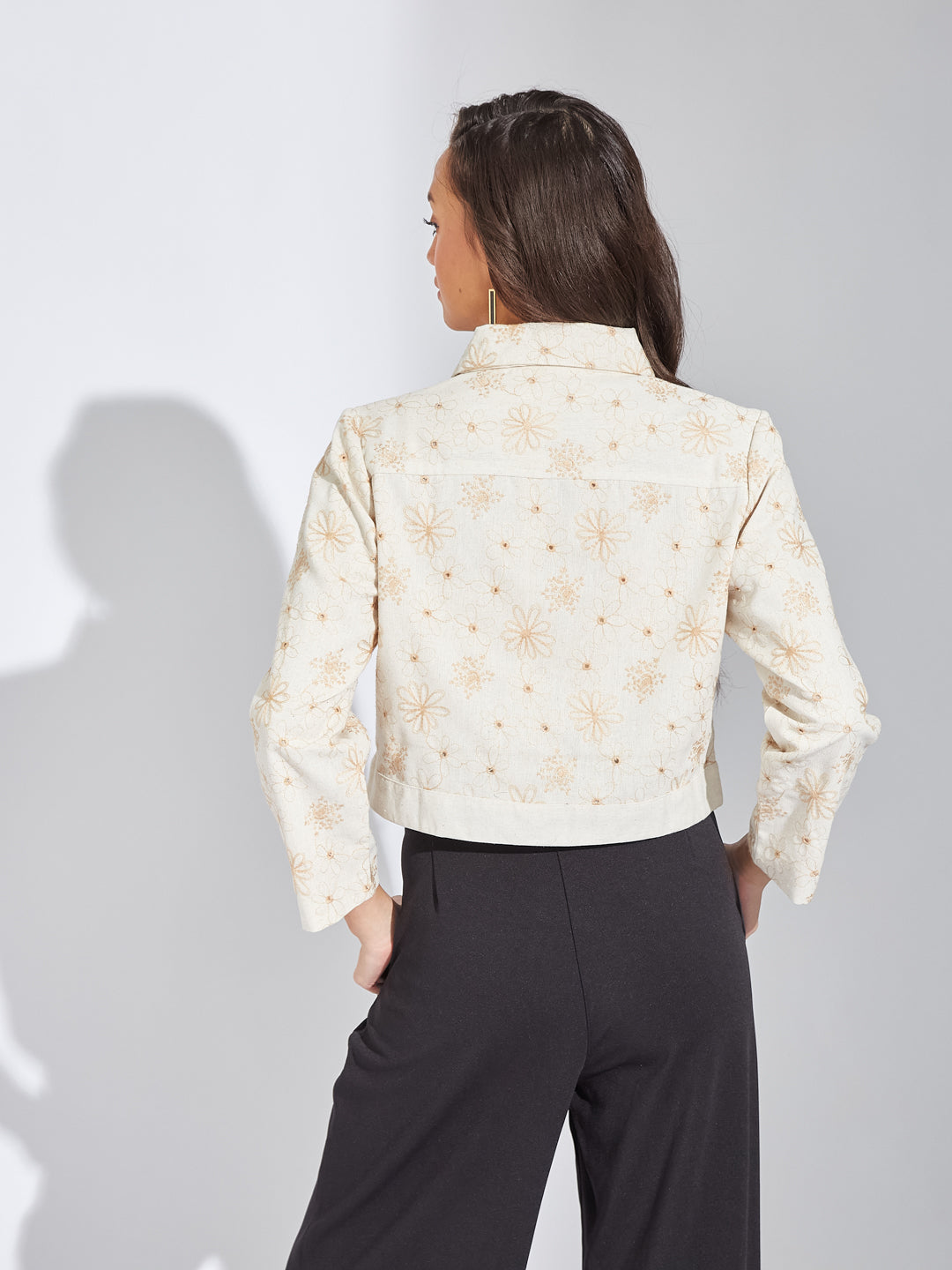 Latin Quarters Women Beige Collar Neck Full Sleeves Embroidery Jacket For Casual
