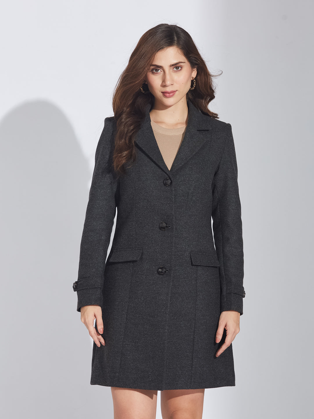 Latin Quarters Women's Grey Wool Blend Lapel Over Coat with Two Pockets