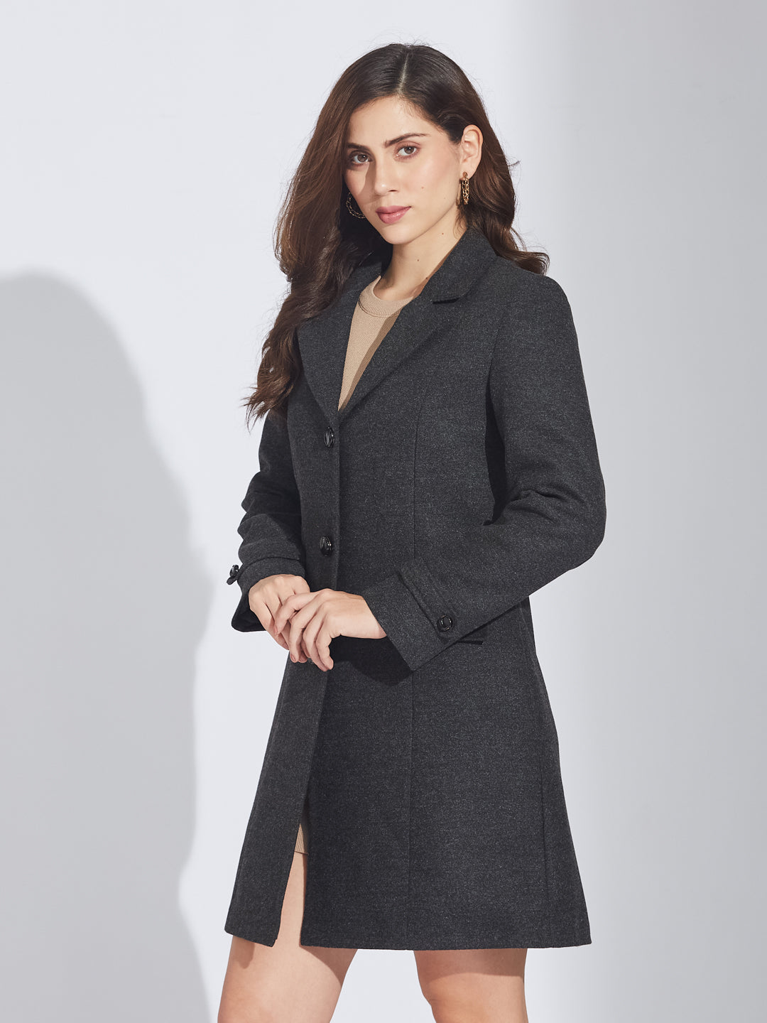 Latin Quarters Women's Grey Wool Blend Lapel Over Coat with Two Pockets