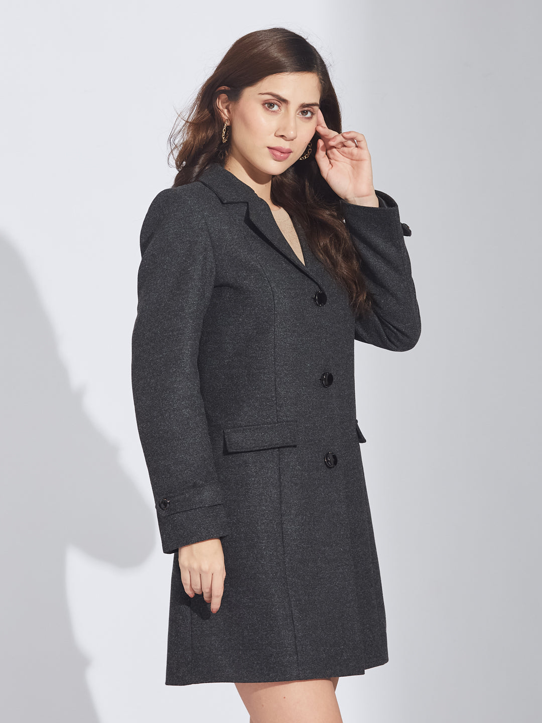 Latin Quarters Women's Grey Wool Blend Lapel Over Coat with Two Pockets