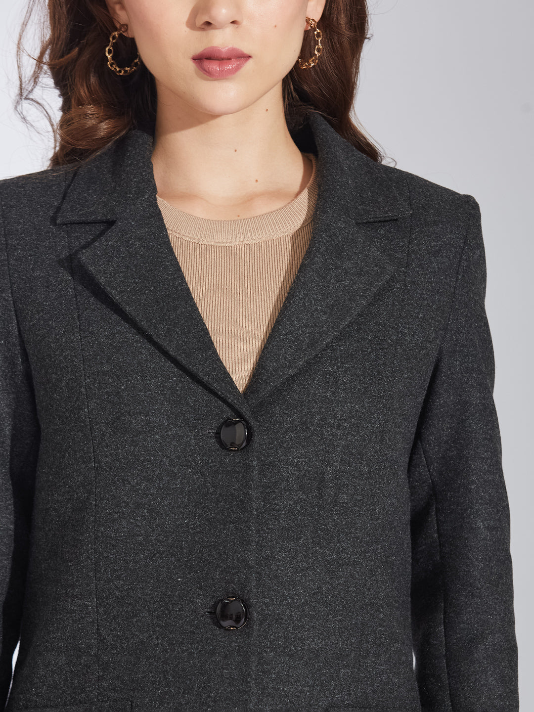 Latin Quarters Women's Grey Wool Blend Lapel Over Coat with Two Pockets