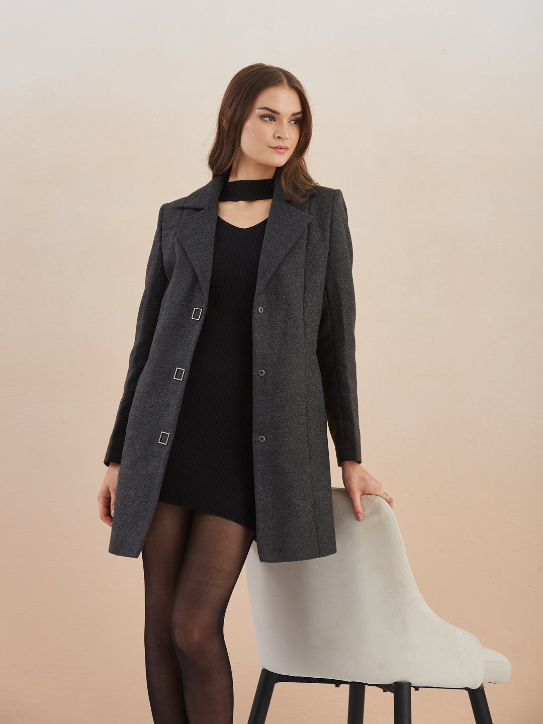 Latin Quarters Women Black Solid Full Sleeves Lapel Neck Long Coat for Casual Occasion