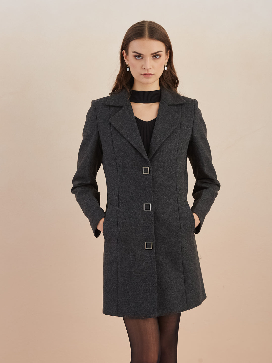 Latin Quarters Women Black Solid Full Sleeves Lapel Neck Long Coat for Casual Occasion