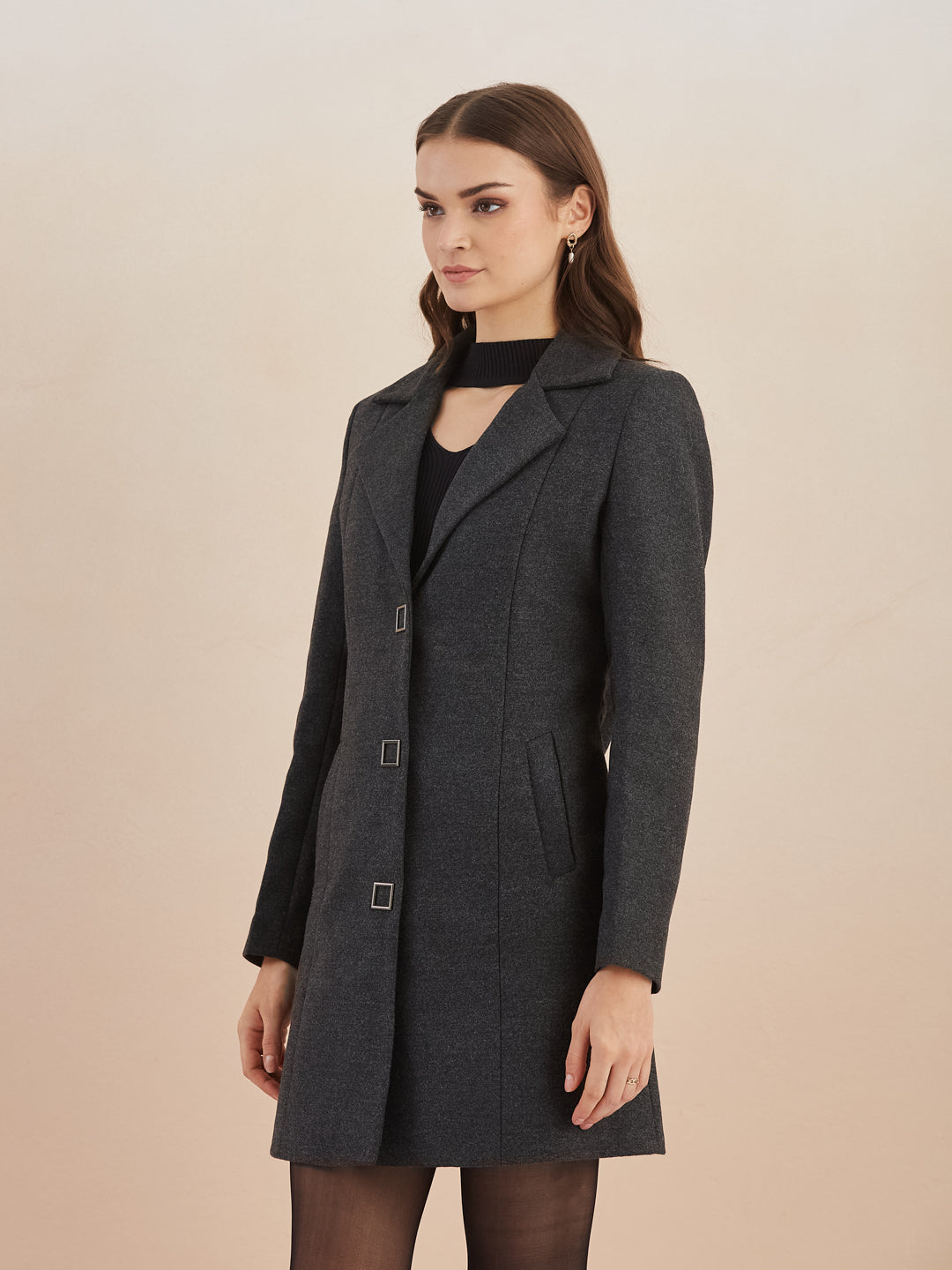 Latin Quarters Women Black Solid Full Sleeves Lapel Neck Long Coat for Casual Occasion