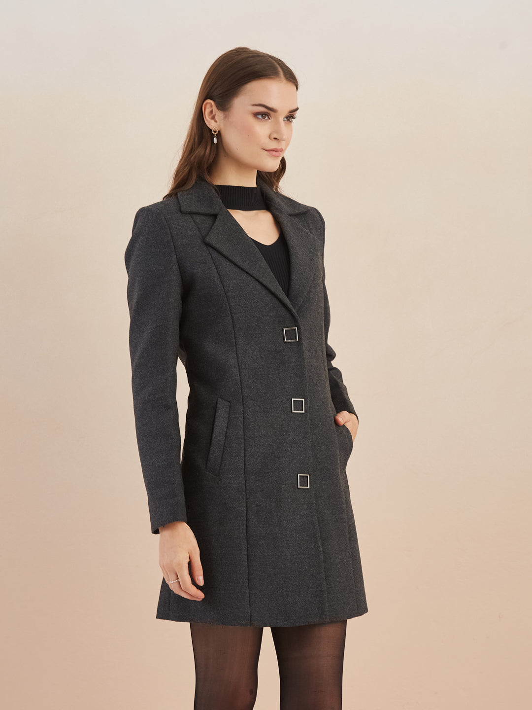 Latin Quarters Women Black Solid Full Sleeves Lapel Neck Long Coat for Casual Occasion