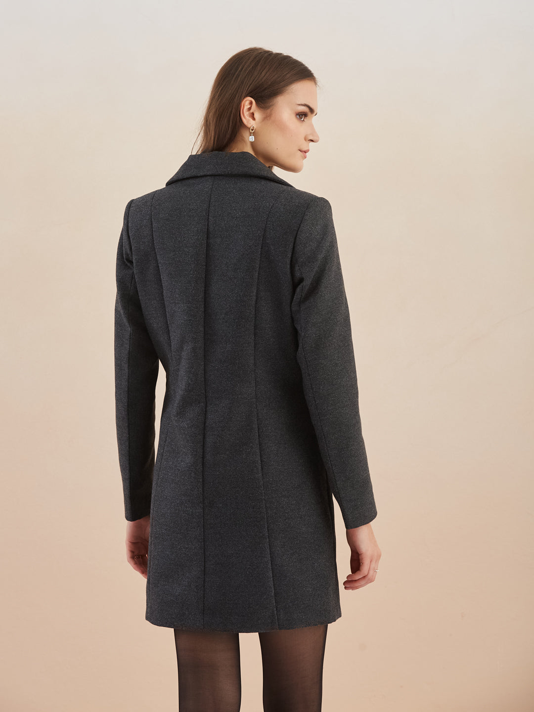 Latin Quarters Women Black Solid Full Sleeves Lapel Neck Long Coat for Casual Occasion