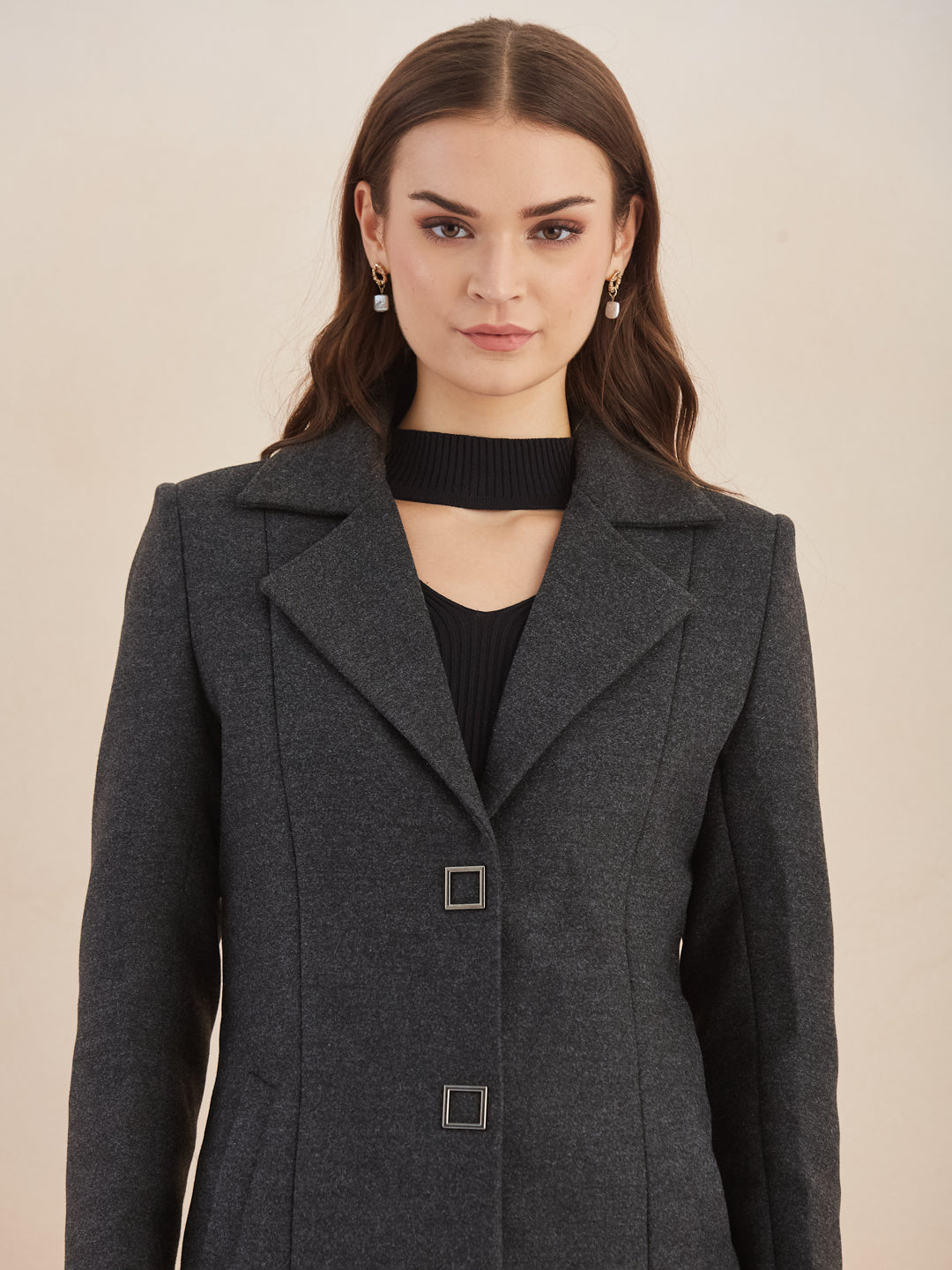 Latin Quarters Women Black Solid Full Sleeves Lapel Neck Long Coat for Casual Occasion