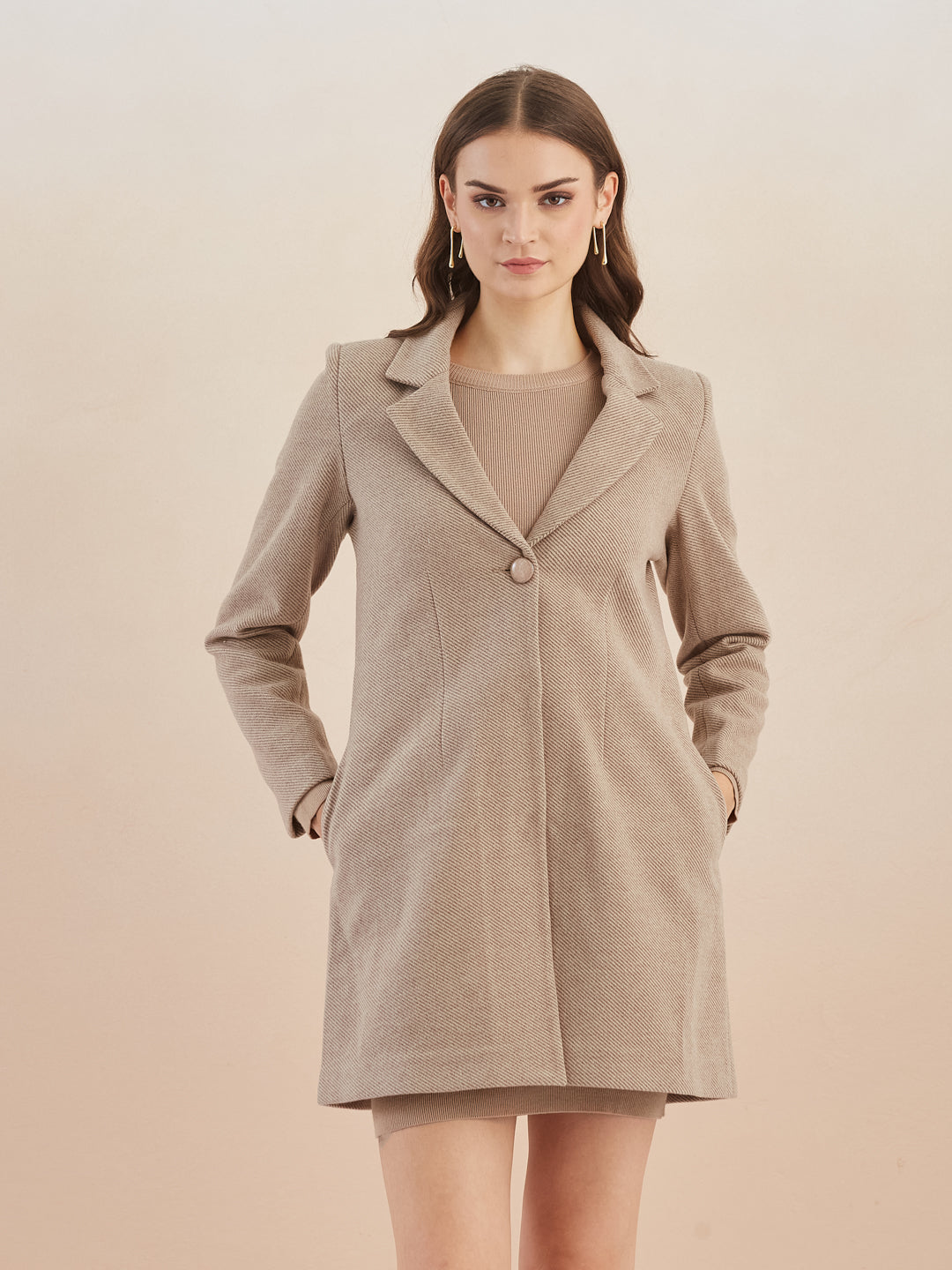 Latin Quarters Women Beige Solid Full Sleeves Lapel Neck Long Coat for Casual Occasion