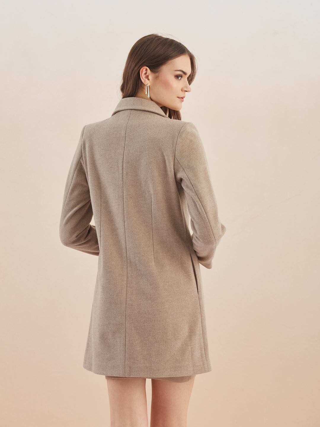 Latin Quarters Women Beige Solid Full Sleeves Lapel Neck Long Coat for Casual Occasion