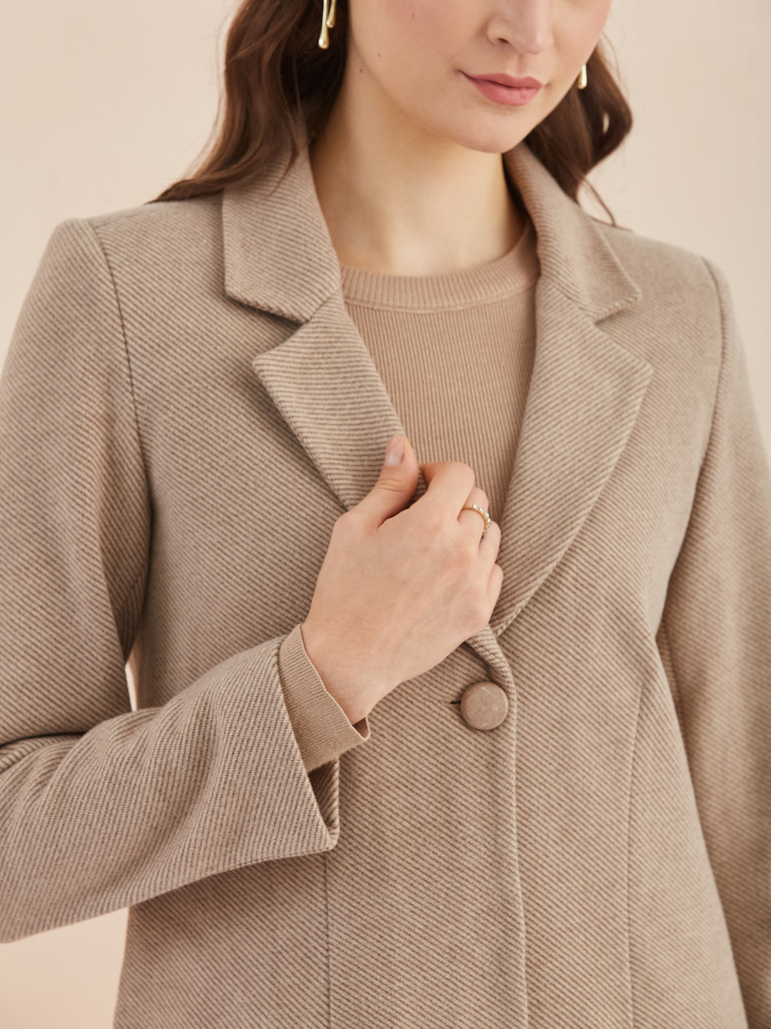 Latin Quarters Women Beige Solid Full Sleeves Lapel Neck Long Coat for Casual Occasion