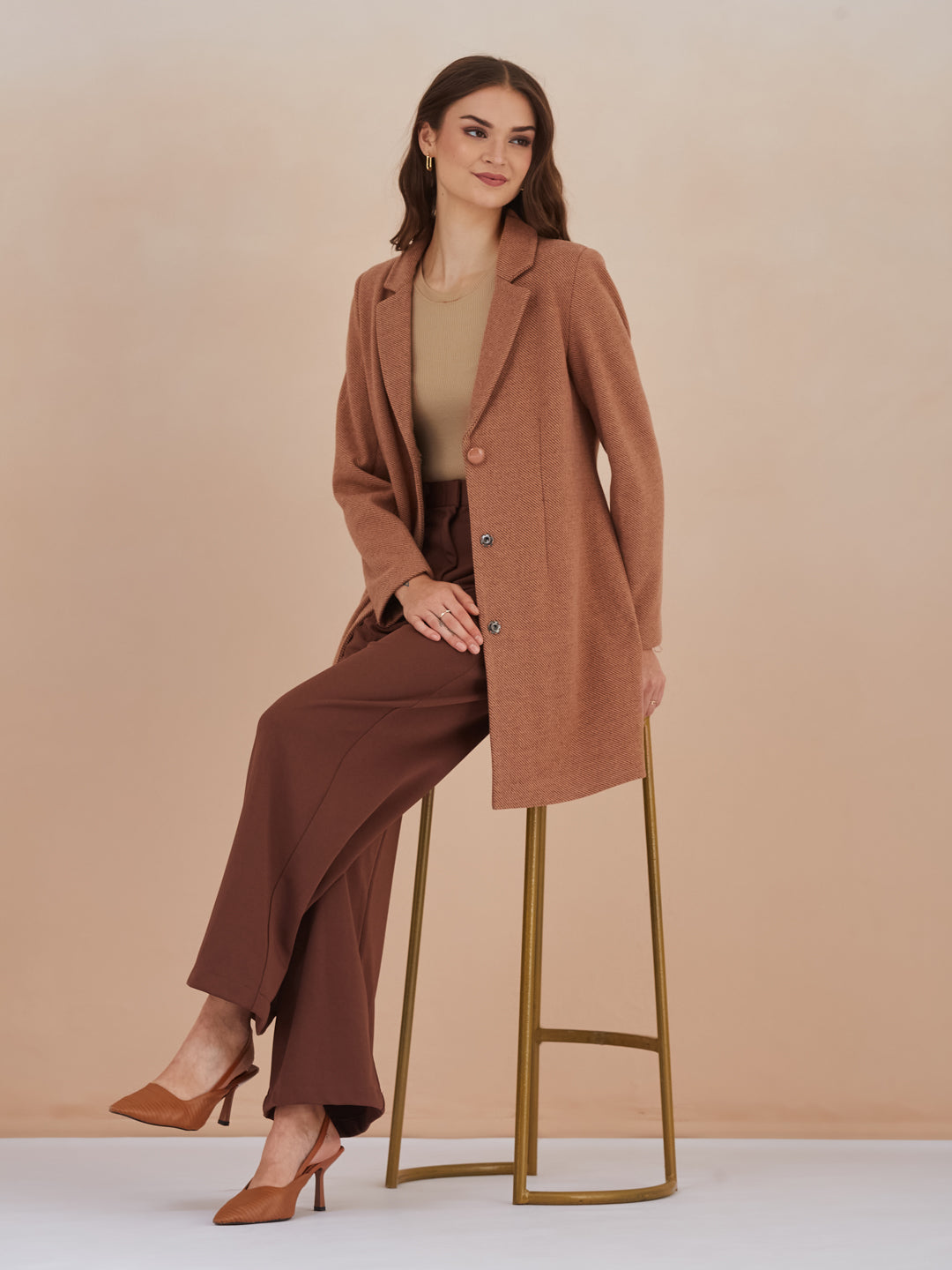 Latin Quarters Women Brown Solid Full Sleeves Lapel Neck Long Coat for Casual Occasion
