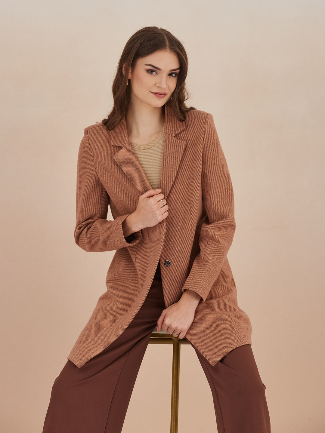 Latin Quarters Women Brown Solid Full Sleeves Lapel Neck Long Coat for Casual Occasion