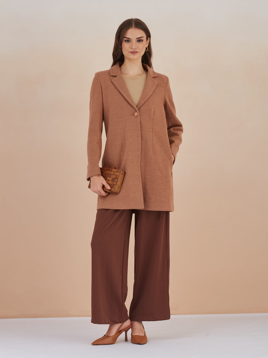 Latin Quarters Women Brown Solid Full Sleeves Lapel Neck Long Coat for Casual Occasion