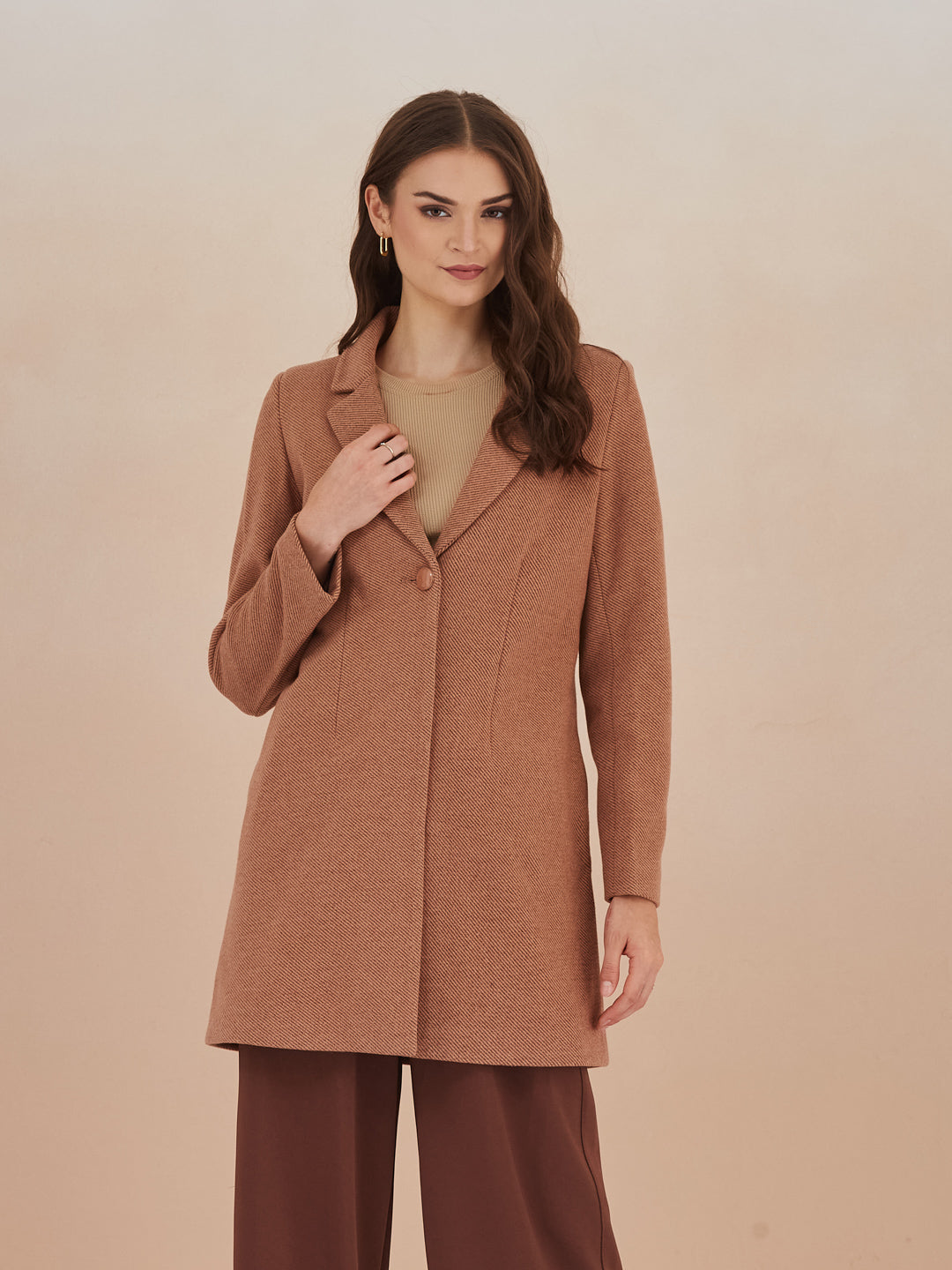 Latin Quarters Women Brown Solid Full Sleeves Lapel Neck Long Coat for Casual Occasion