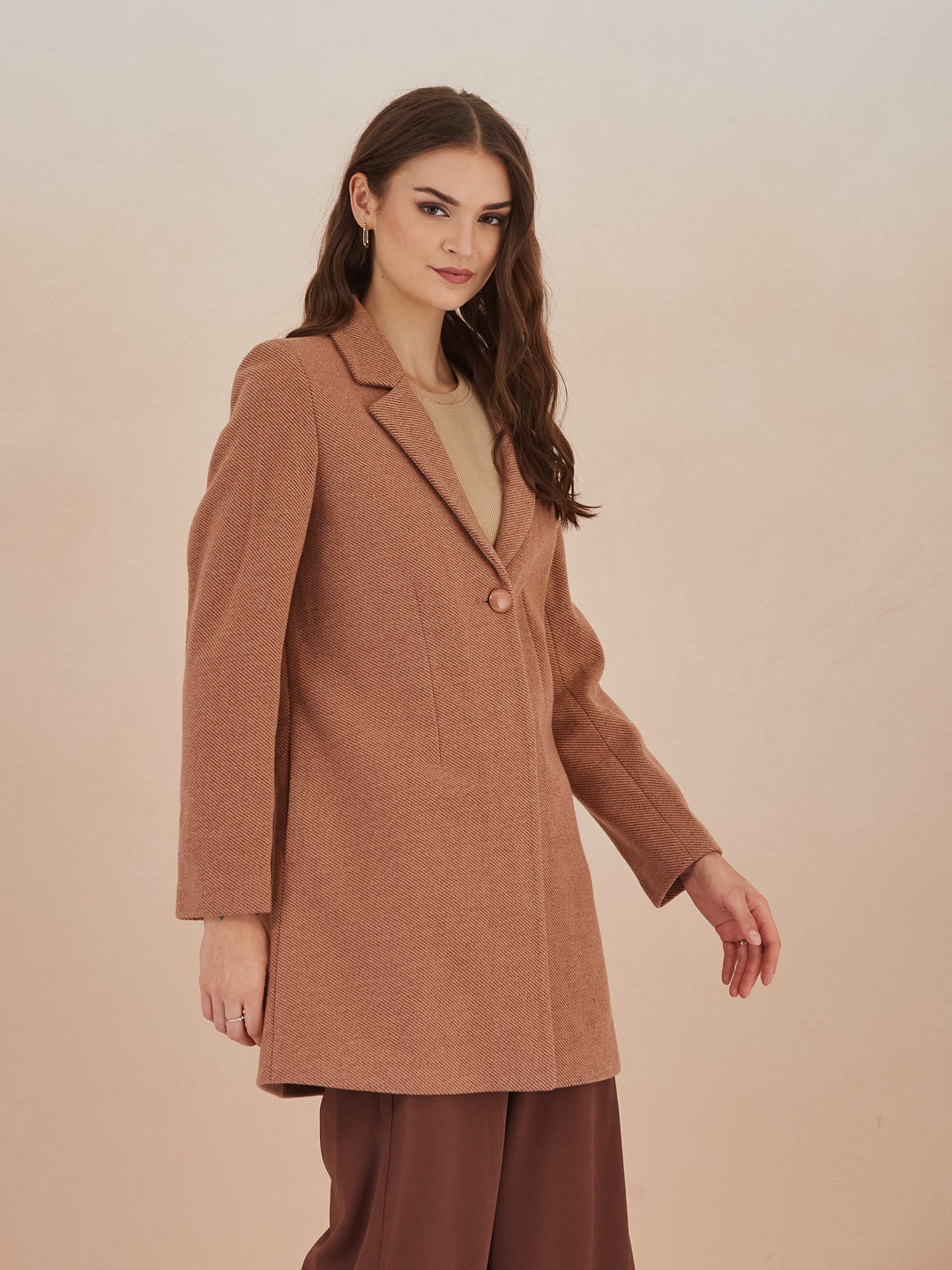 Latin Quarters Women Brown Solid Full Sleeves Lapel Neck Long Coat for Casual Occasion