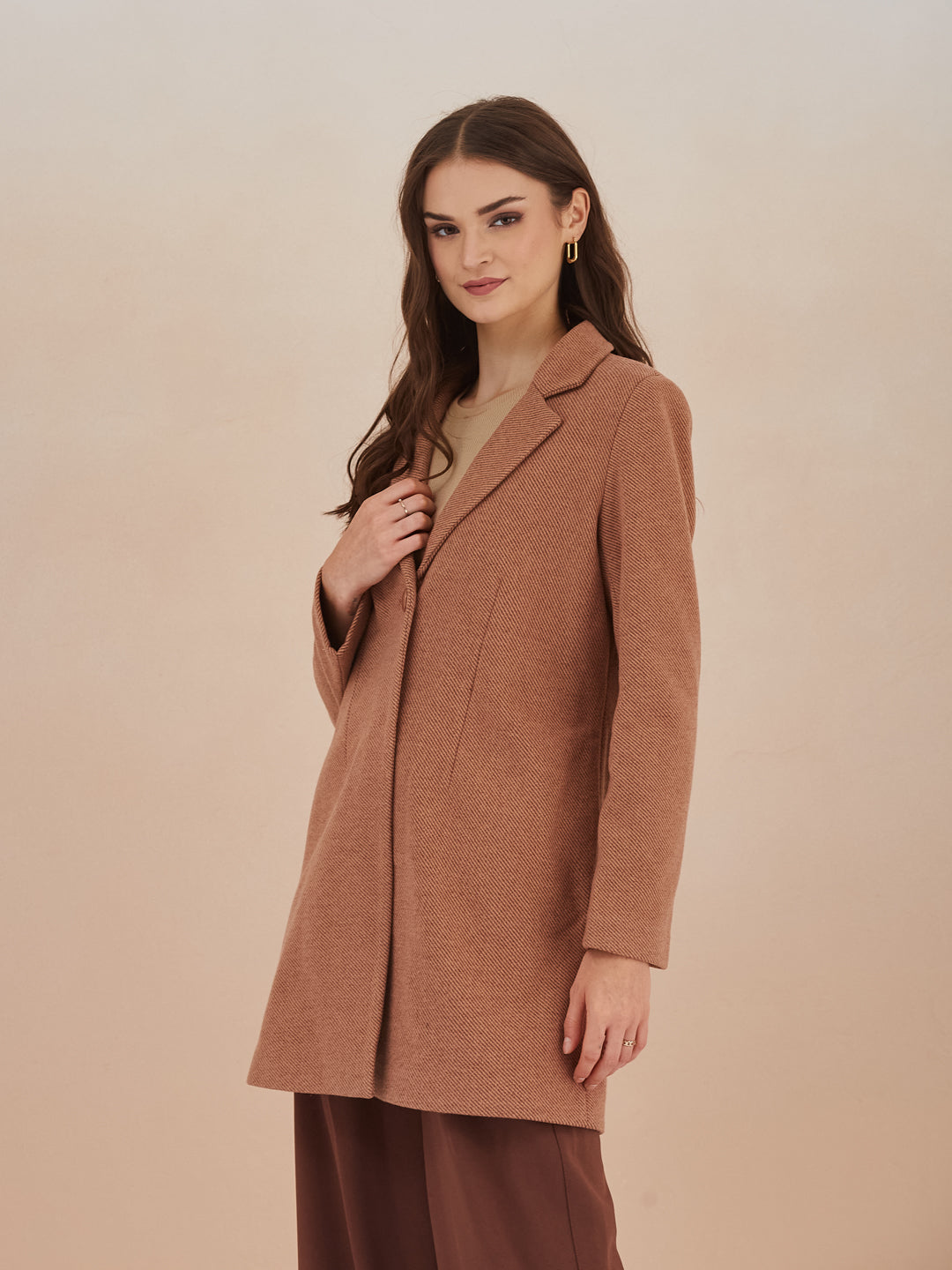 Latin Quarters Women Brown Solid Full Sleeves Lapel Neck Long Coat for Casual Occasion