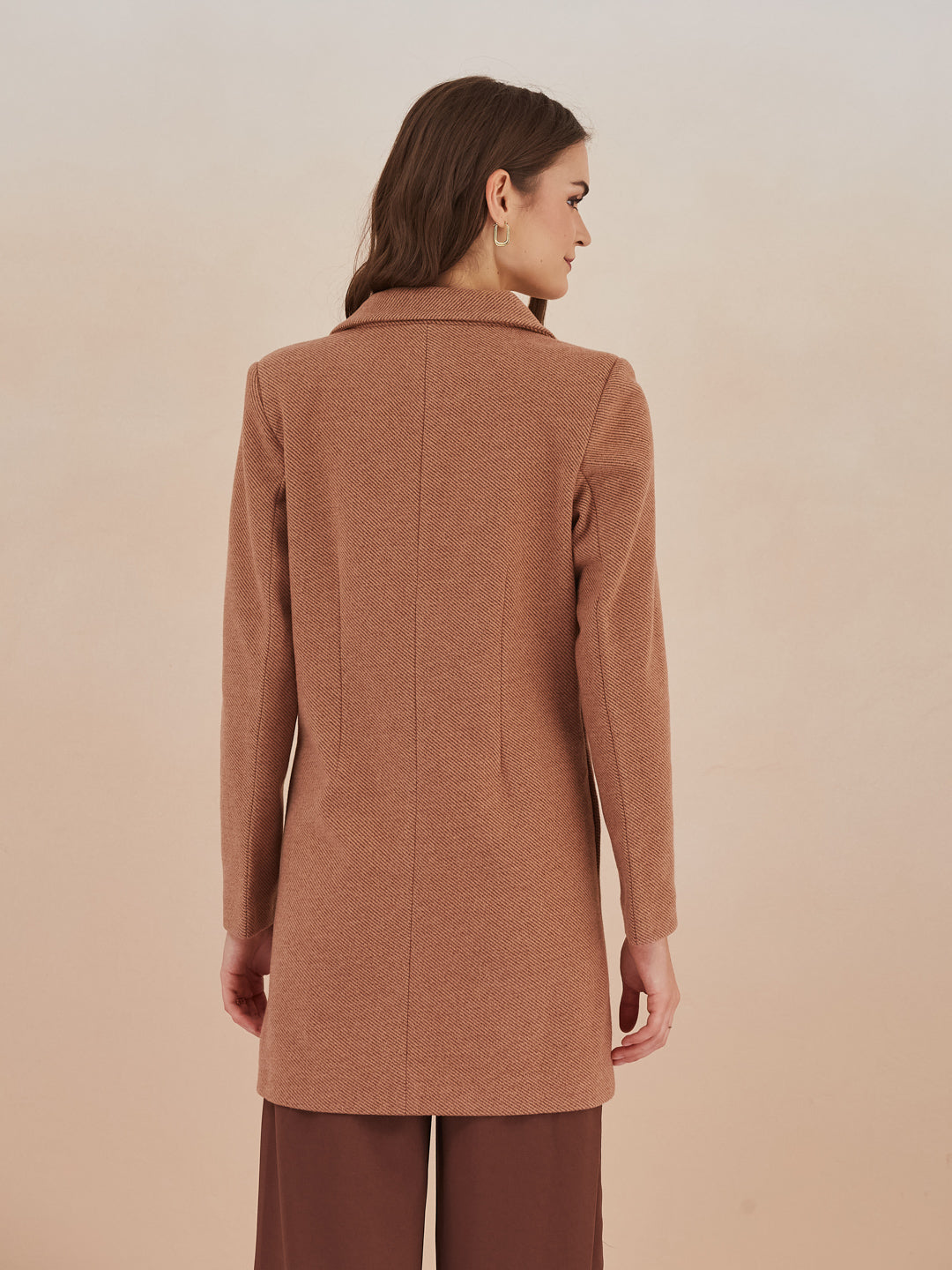 Latin Quarters Women Brown Solid Full Sleeves Lapel Neck Long Coat for Casual Occasion