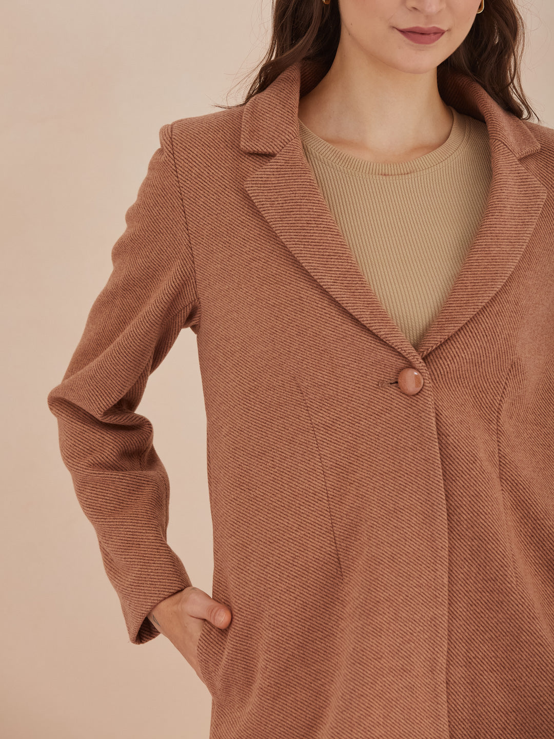 Latin Quarters Women Brown Solid Full Sleeves Lapel Neck Long Coat for Casual Occasion
