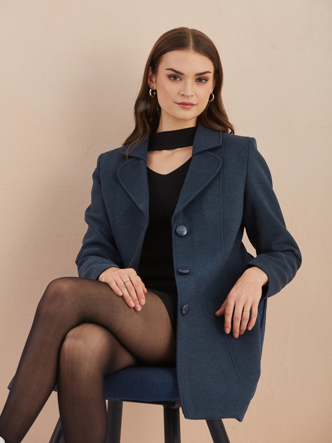 Latin Quarters Women Blue Solid Full Sleeves Lapel Neck Long Coat for Casual Occasion