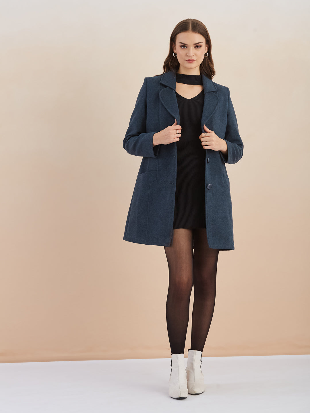 Latin Quarters Women Blue Solid Full Sleeves Lapel Neck Long Coat for Casual Occasion