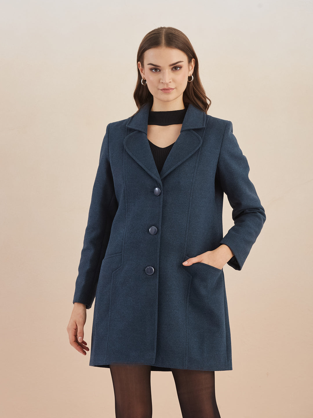 Latin Quarters Women Blue Solid Full Sleeves Lapel Neck Long Coat for Casual Occasion