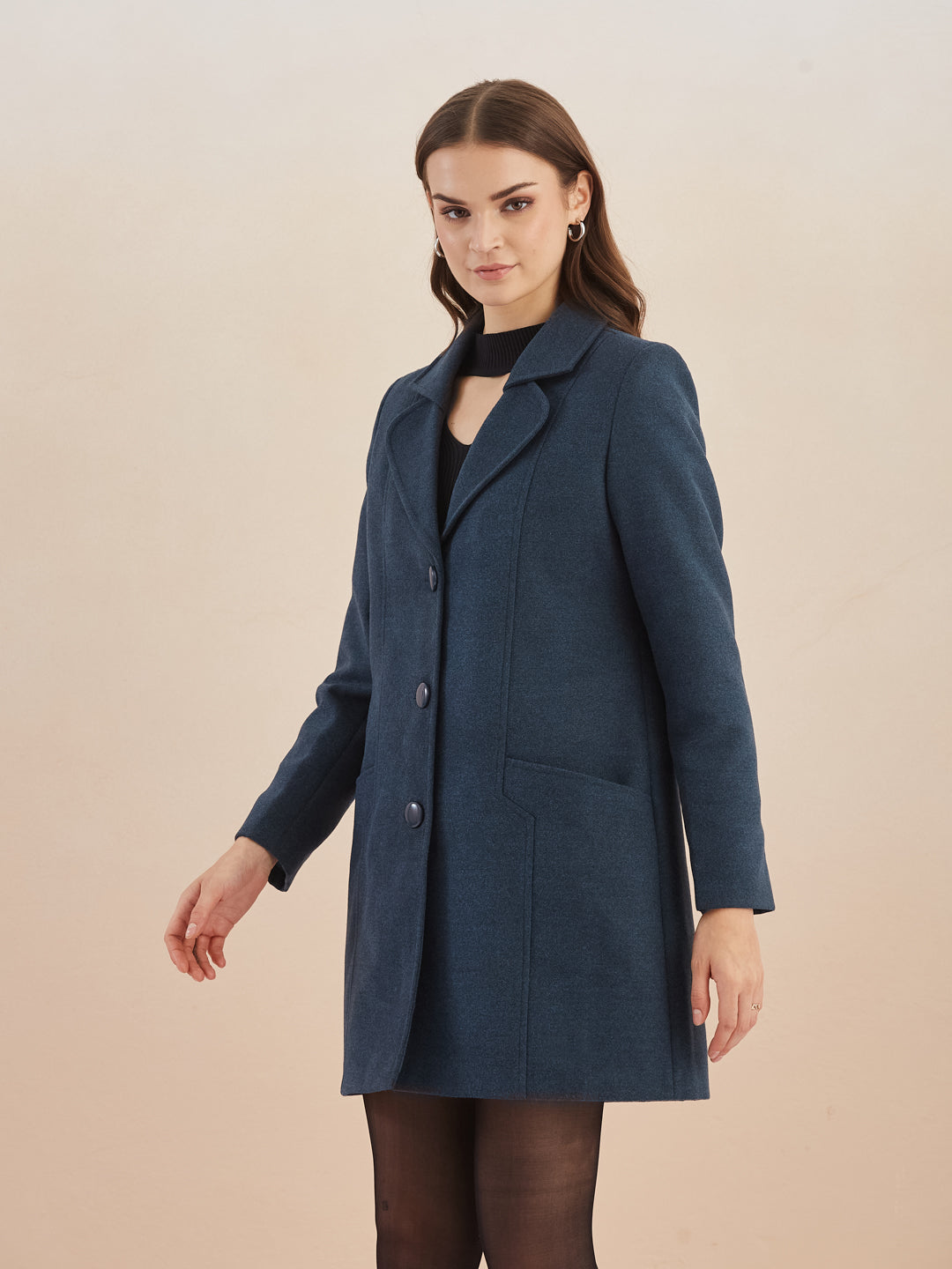 Latin Quarters Women Blue Solid Full Sleeves Lapel Neck Long Coat for Casual Occasion