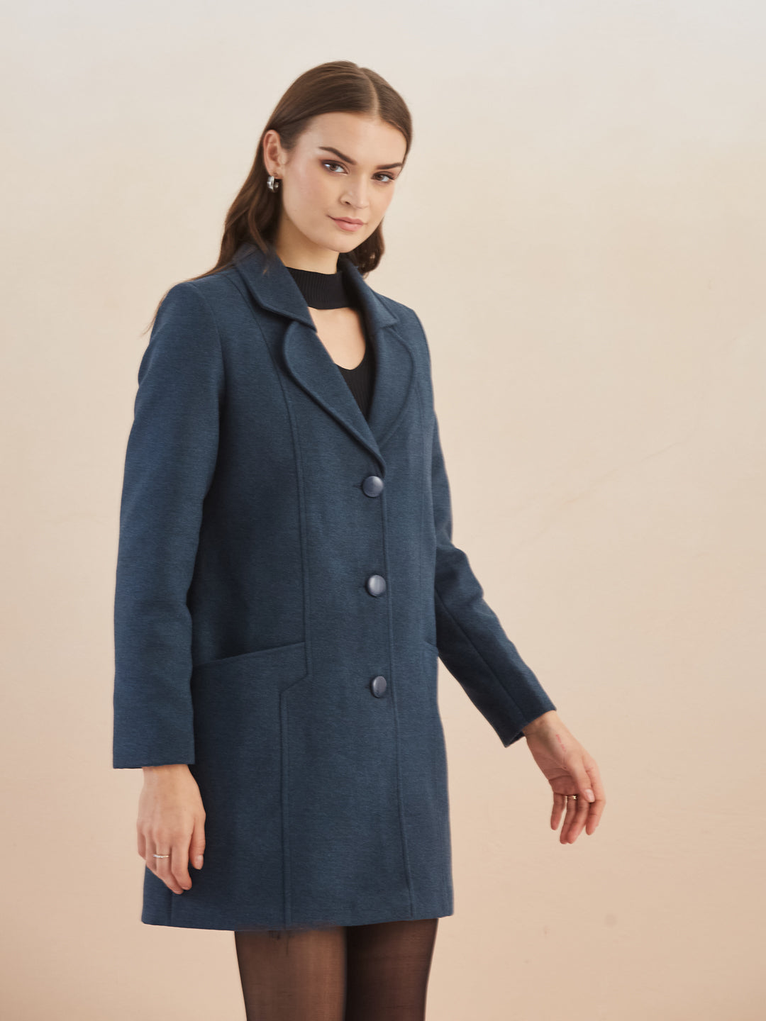 Latin Quarters Women Blue Solid Full Sleeves Lapel Neck Long Coat for Casual Occasion