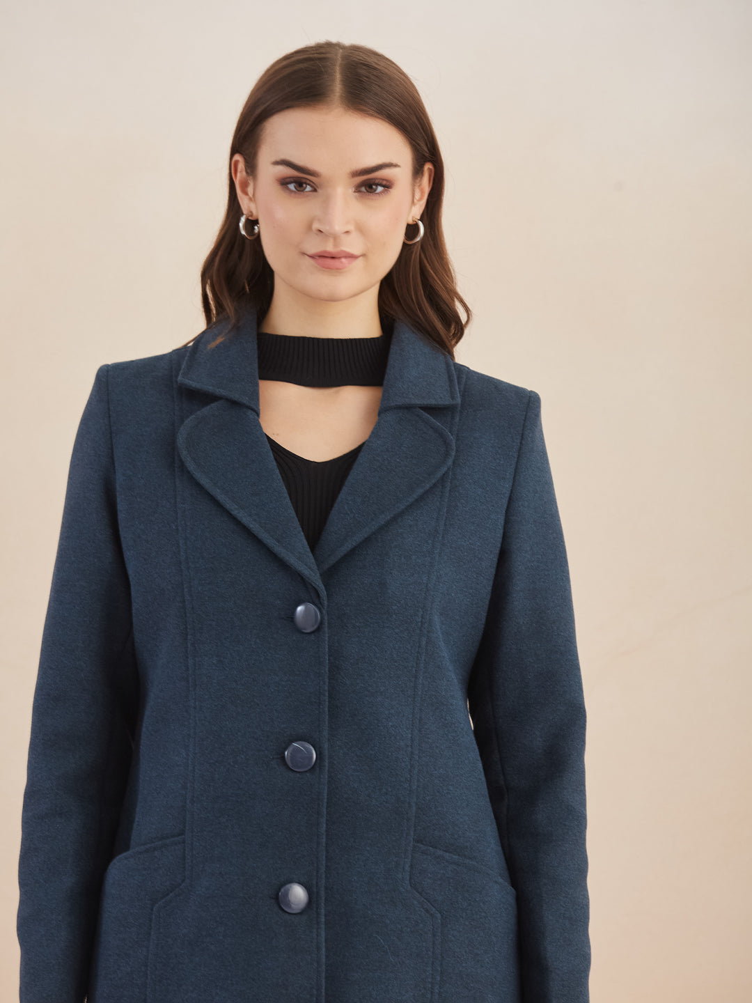 Latin Quarters Women Blue Solid Full Sleeves Lapel Neck Long Coat for Casual Occasion