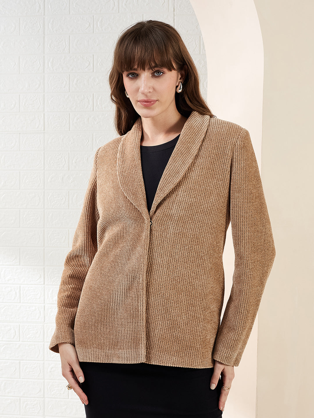 Latin Quarters Women Light Brown Ribbed Collar Full Sleeve Casual Blazer
