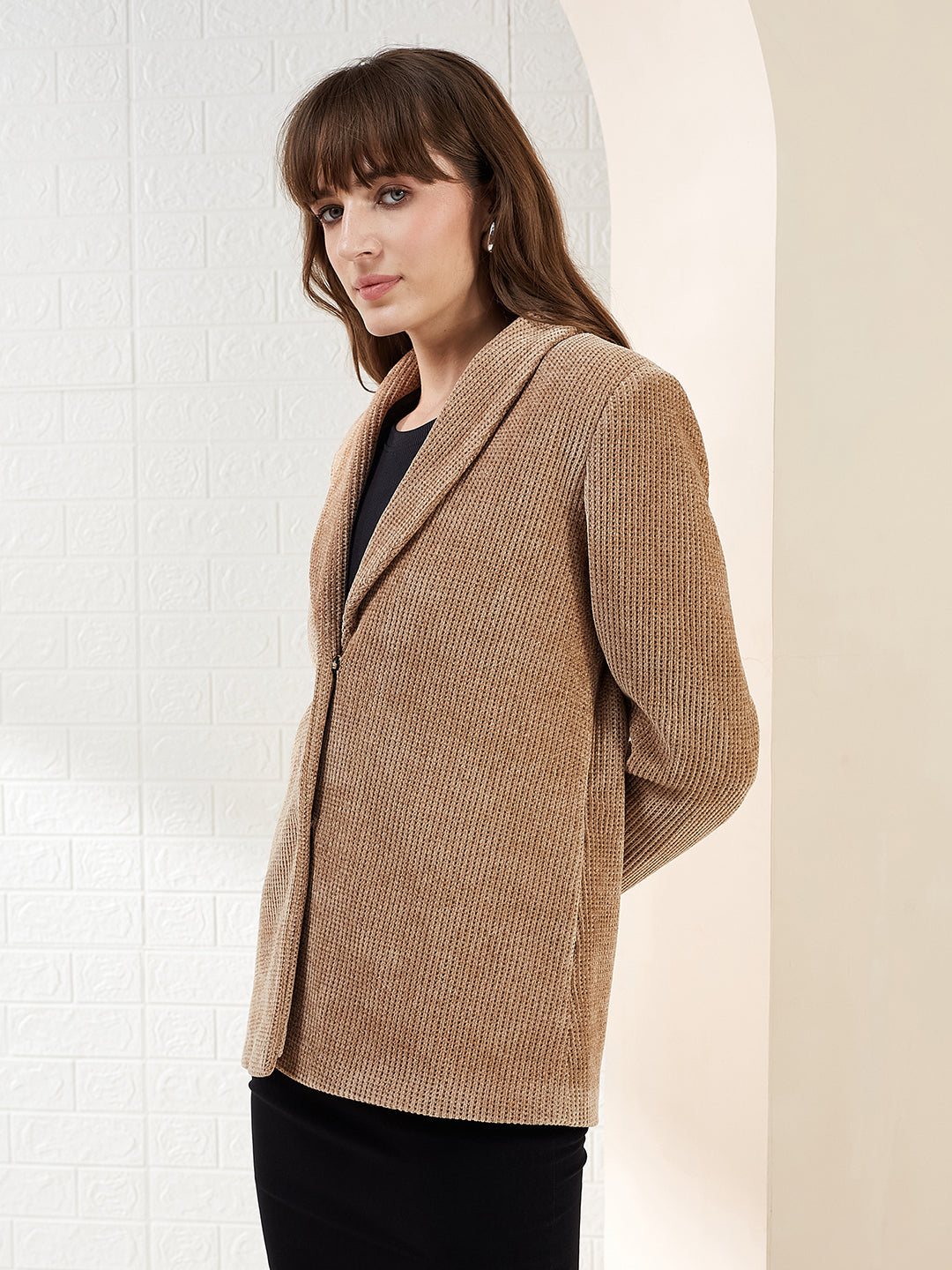 Latin Quarters Women Light Brown Ribbed Collar Full Sleeve Casual Blazer